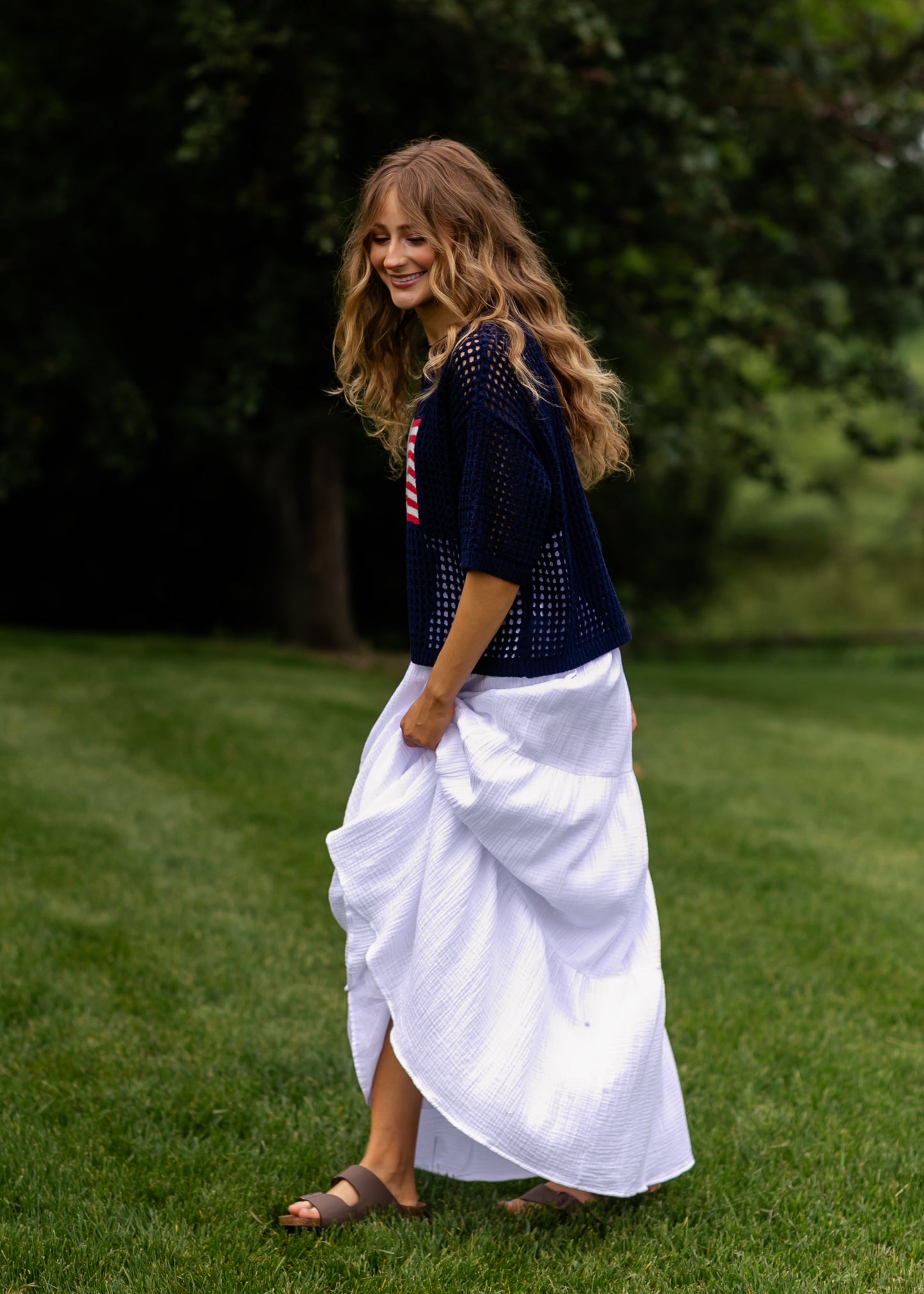 Flag Print Crochet Sweater Top FF Tops