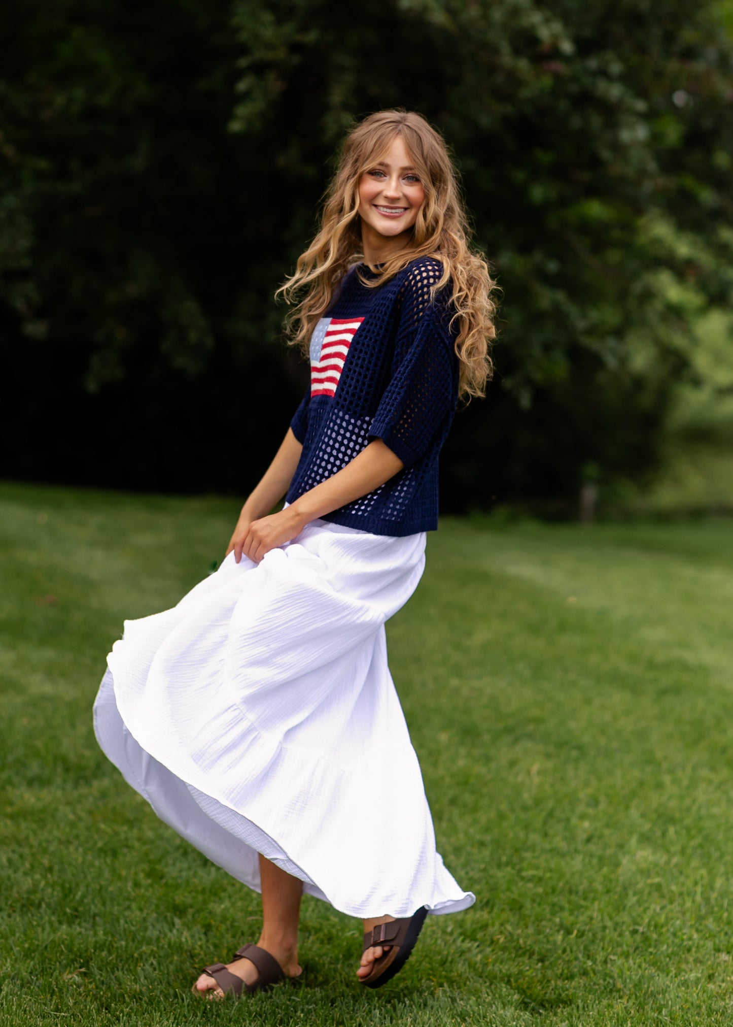 Flag Print Crochet Sweater Top FF Tops