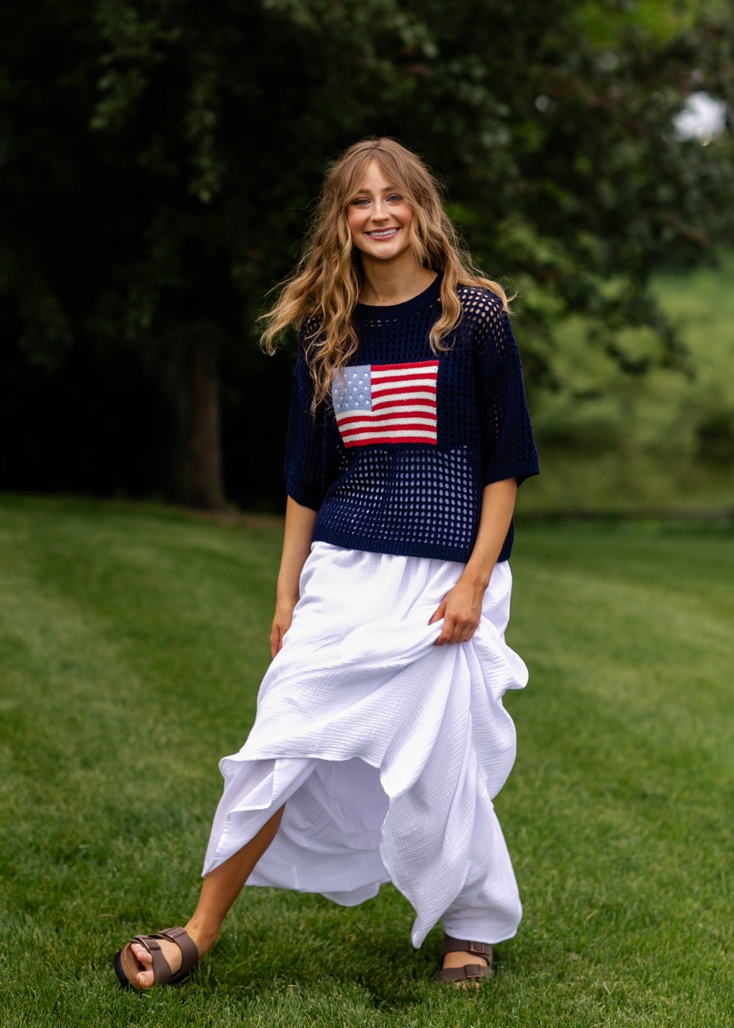 Flag Print Crochet Sweater Top FF Tops