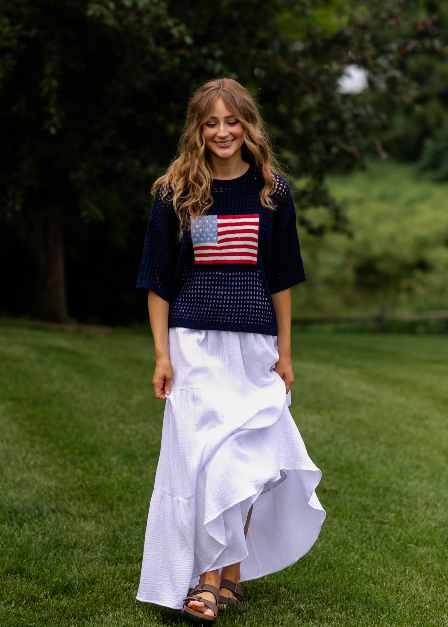 Flag Print Crochet Sweater Top FF Tops