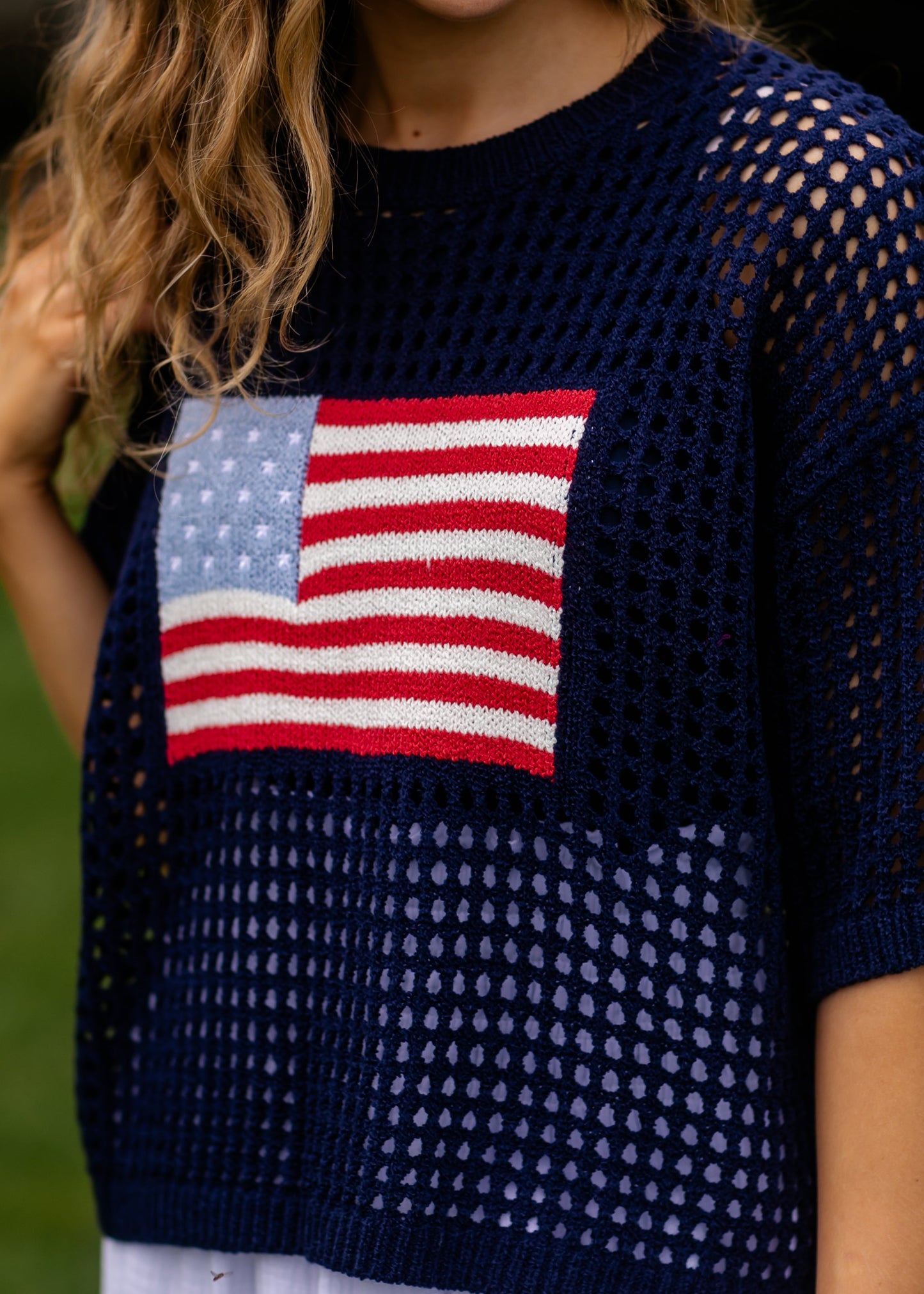 Flag Print Crochet Sweater Top FF Tops