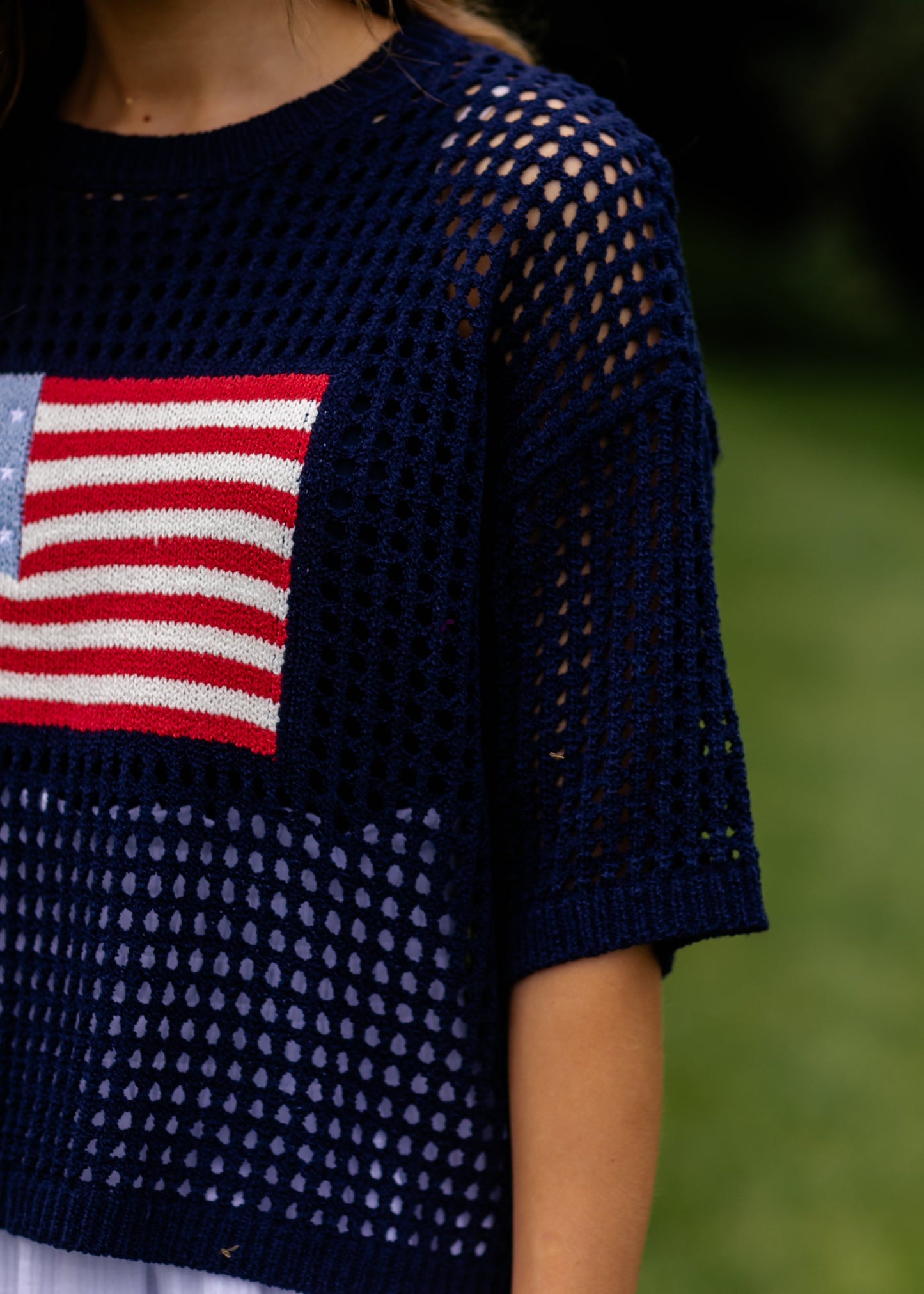 Flag Print Crochet Sweater Top FF Tops