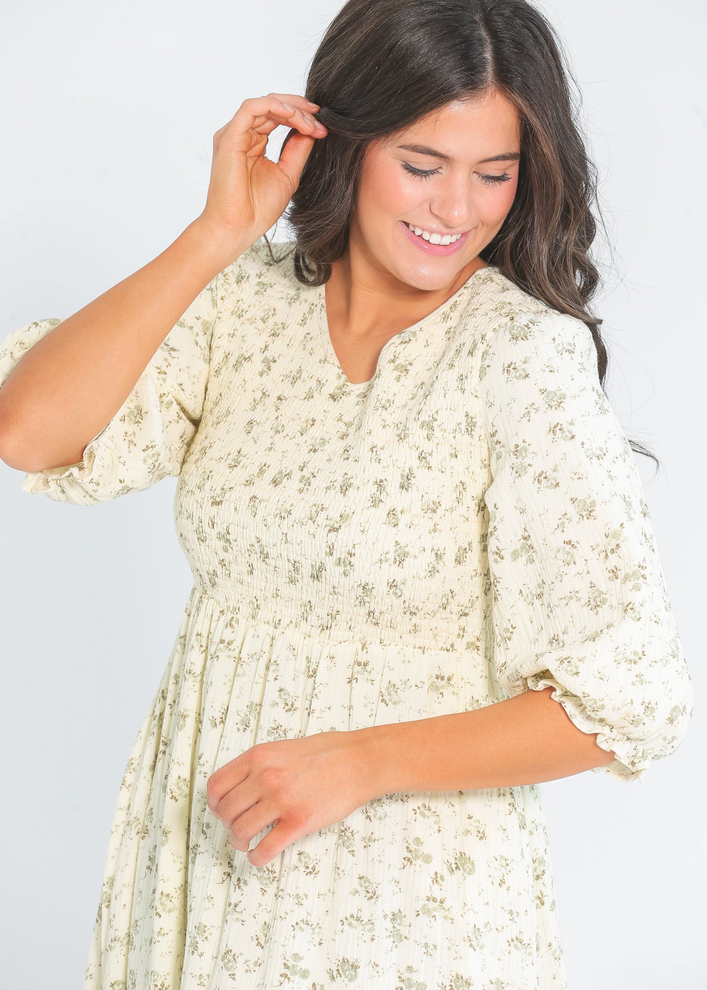 Flora 3/4 Sleeve Smocked Midi Dress - Olive Floral IC Dresses