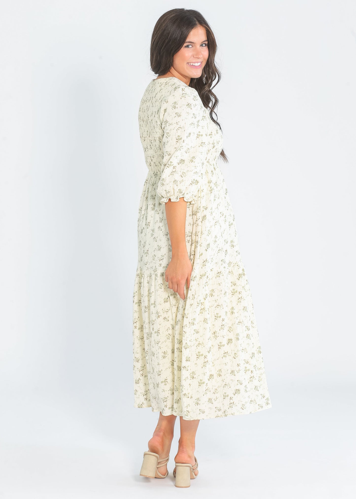 Flora 3/4 Sleeve Smocked Midi Dress - Olive Floral IC Dresses