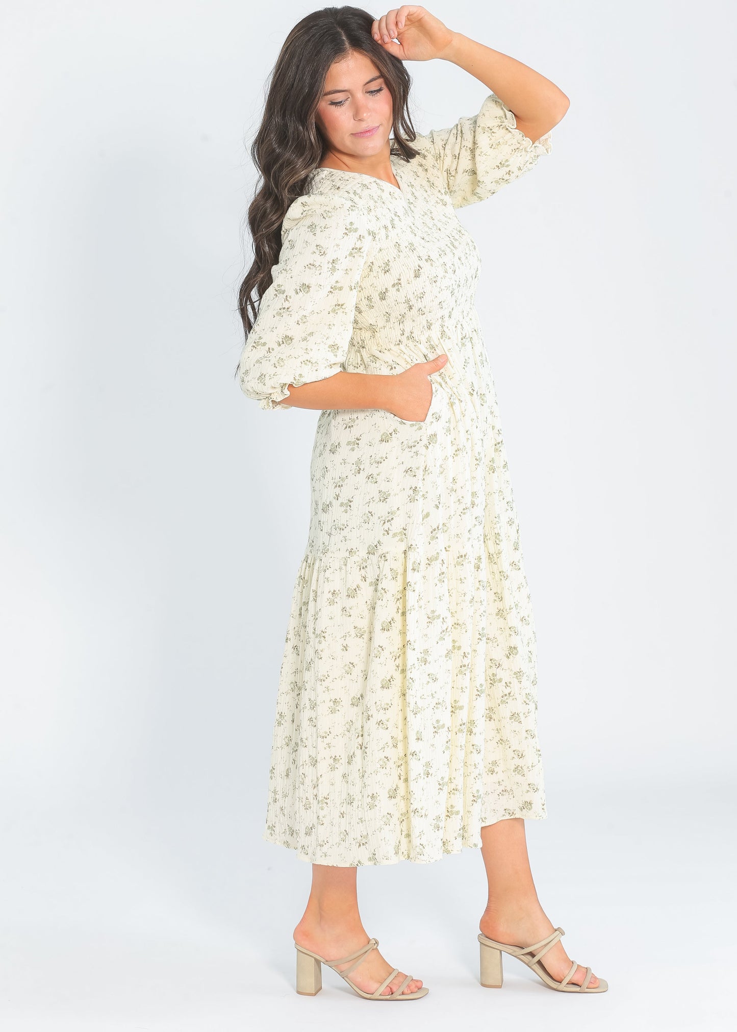Flora 3/4 Sleeve Smocked Midi Dress - Olive Floral IC Dresses