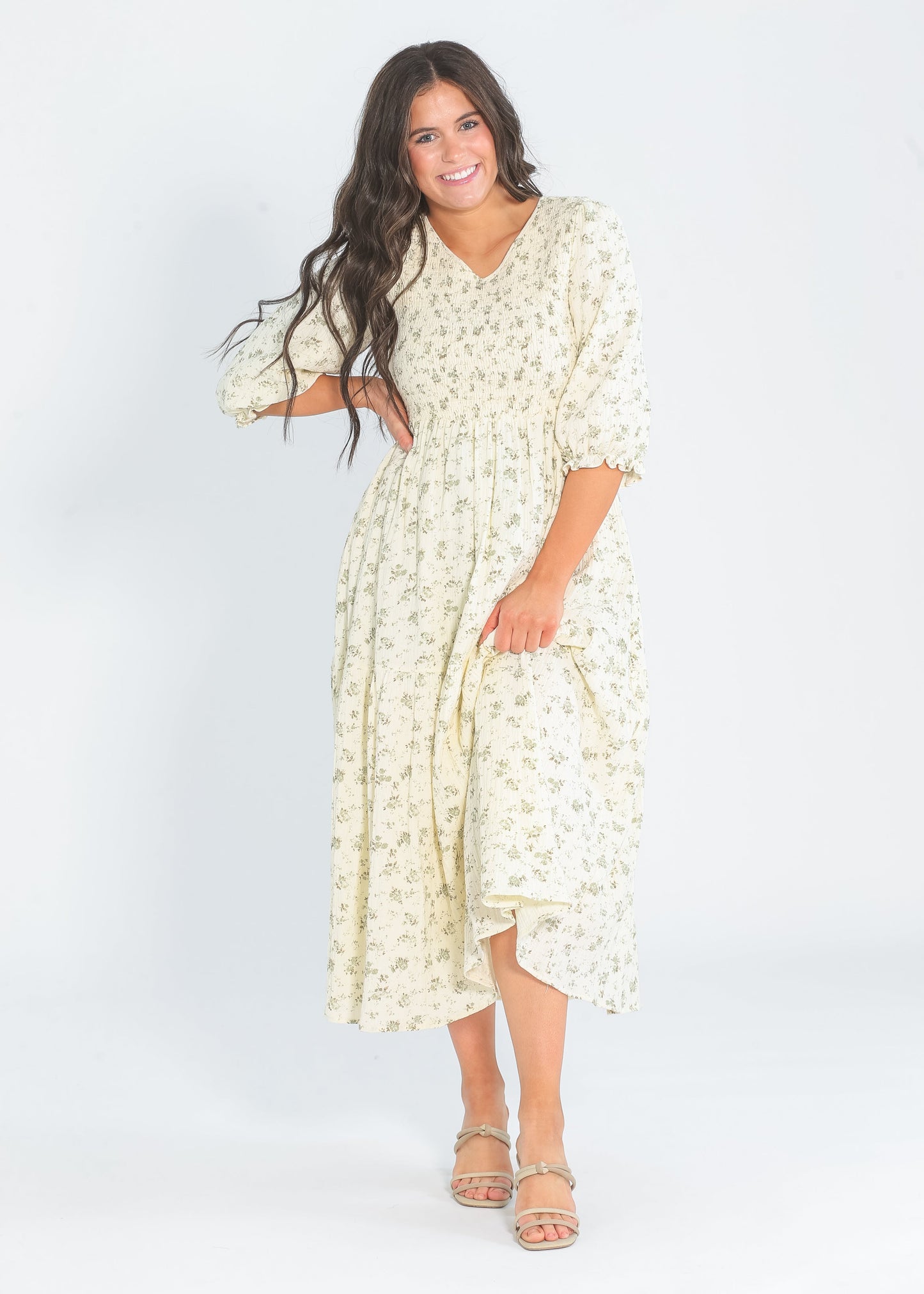 Flora 3/4 Sleeve Smocked Midi Dress - Olive Floral IC Dresses