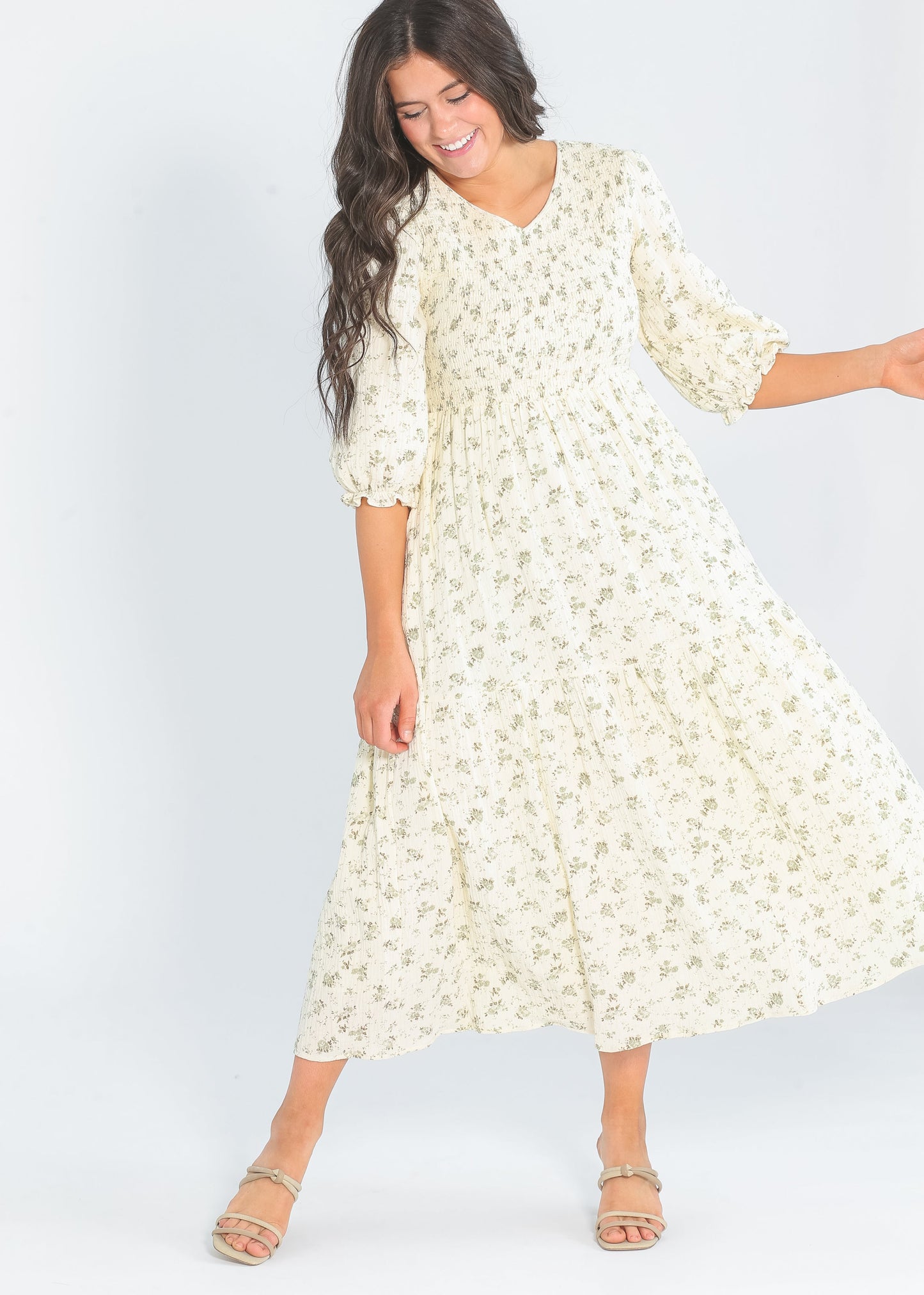 Flora 3/4 Sleeve Smocked Midi Dress - Olive Floral IC Dresses