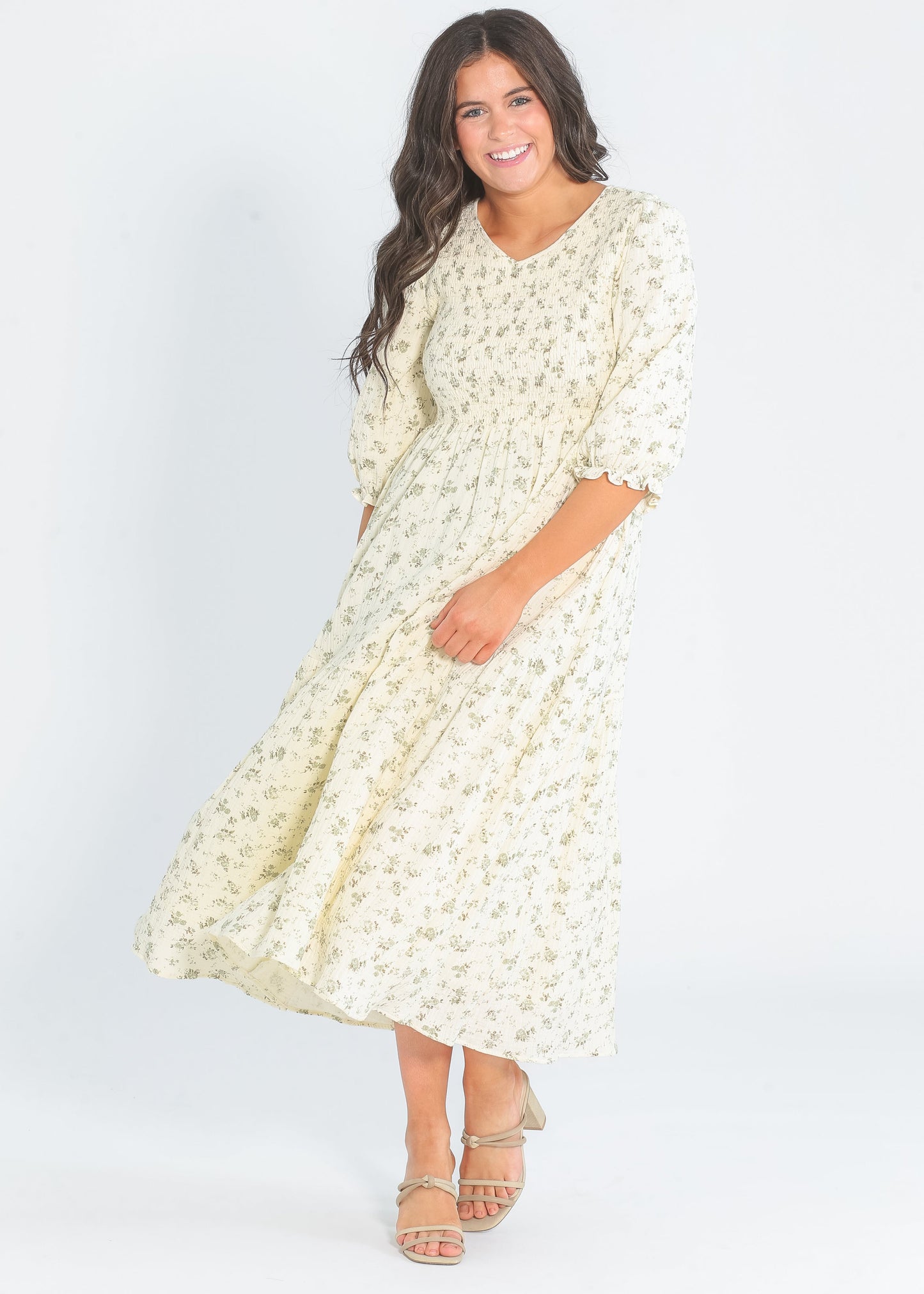 Flora 3/4 Sleeve Smocked Midi Dress - Olive Floral IC Dresses