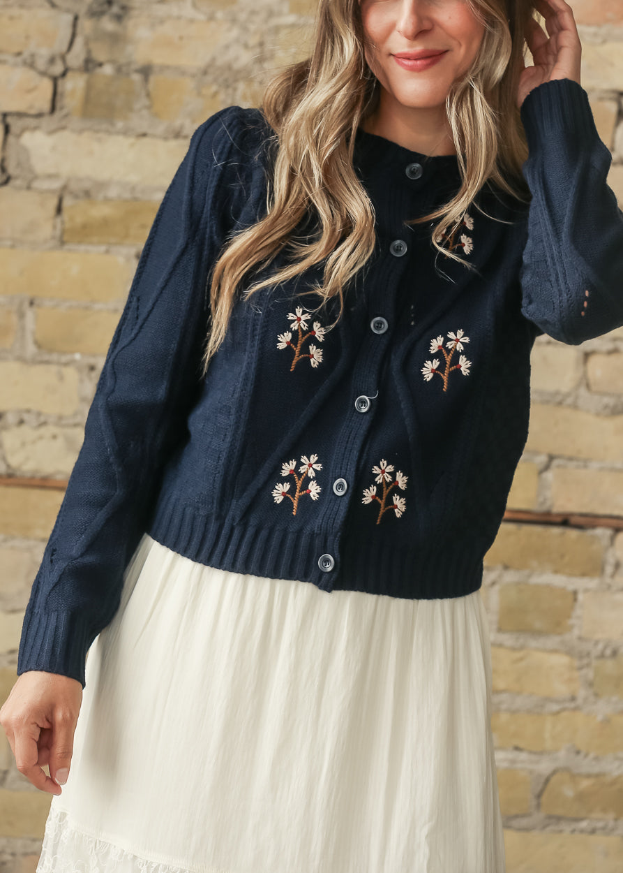 Floral Embroidered Cable Knit Button Up Cardigan FF Tops