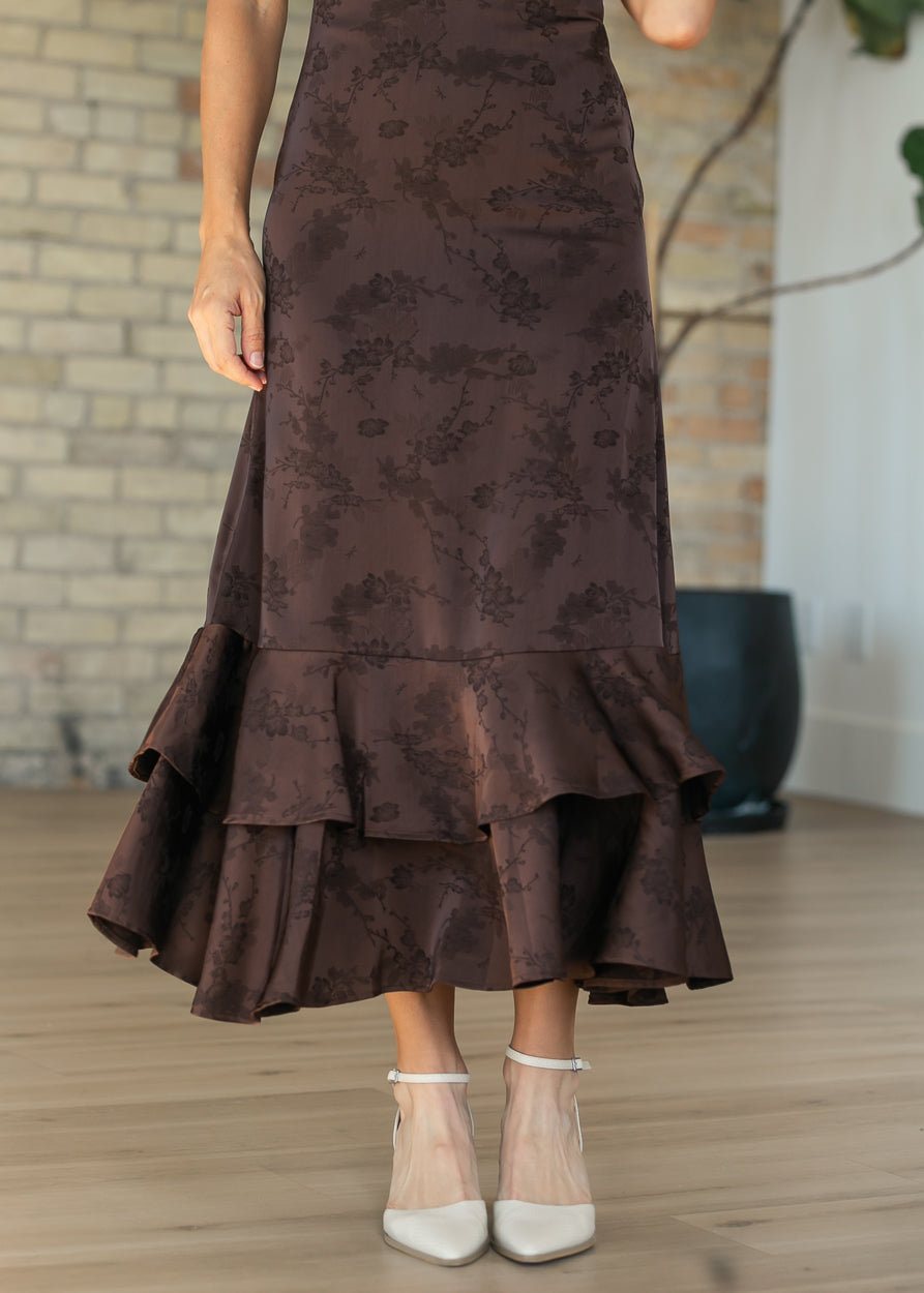 Floral Jacquard Dark Brown Tiered Dress FF Dresses