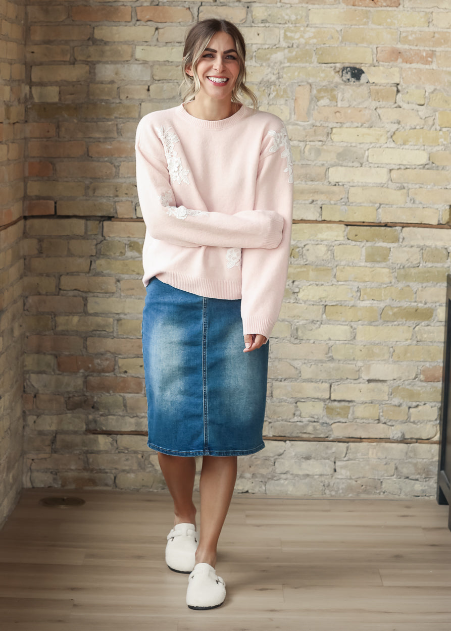 Floral Lace Applique Soft Wool Blend Sweater FF Tops