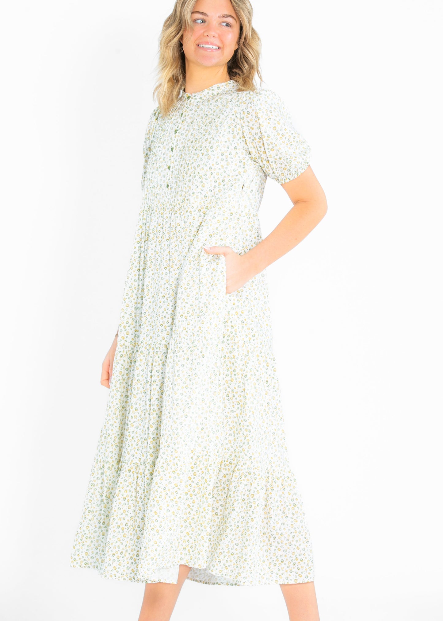 Floral Pintuck Button Front Maxi Dress FF Dresses