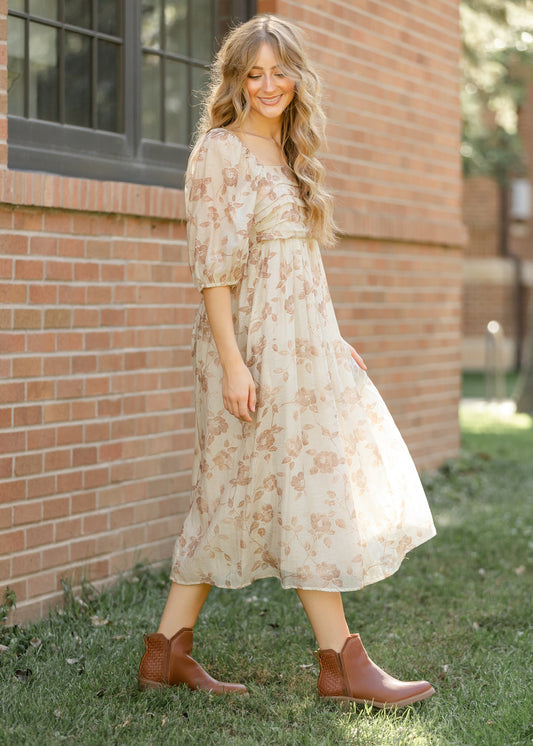 Floral Pleated Bodice Midi Dress FF Dresses