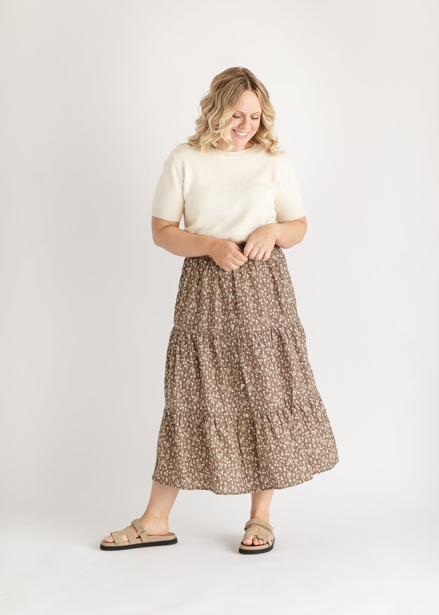Floral Print Button Front Tiered Skirt FF Skirts