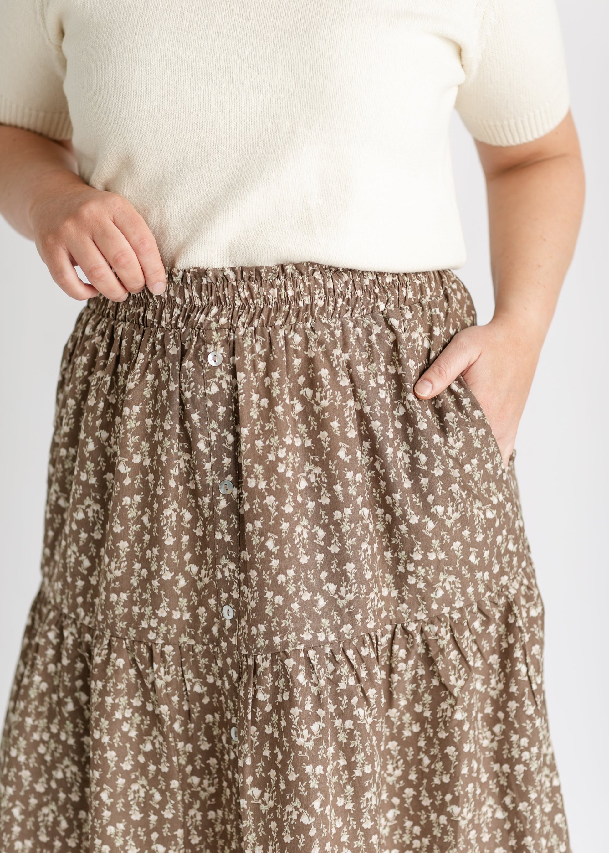 Floral Print Button Front Tiered Skirt FF Skirts