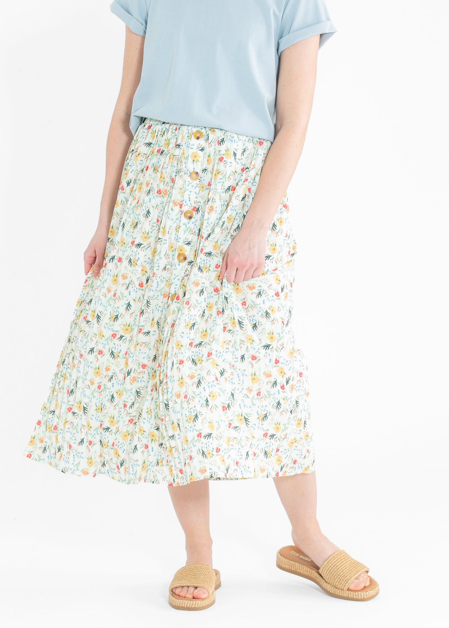 Floral Print Pleated Button Front Midi Skirt FF Skirts