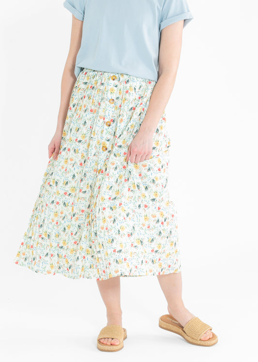 Floral Print Pleated Button Front Midi Skirt FF Skirts