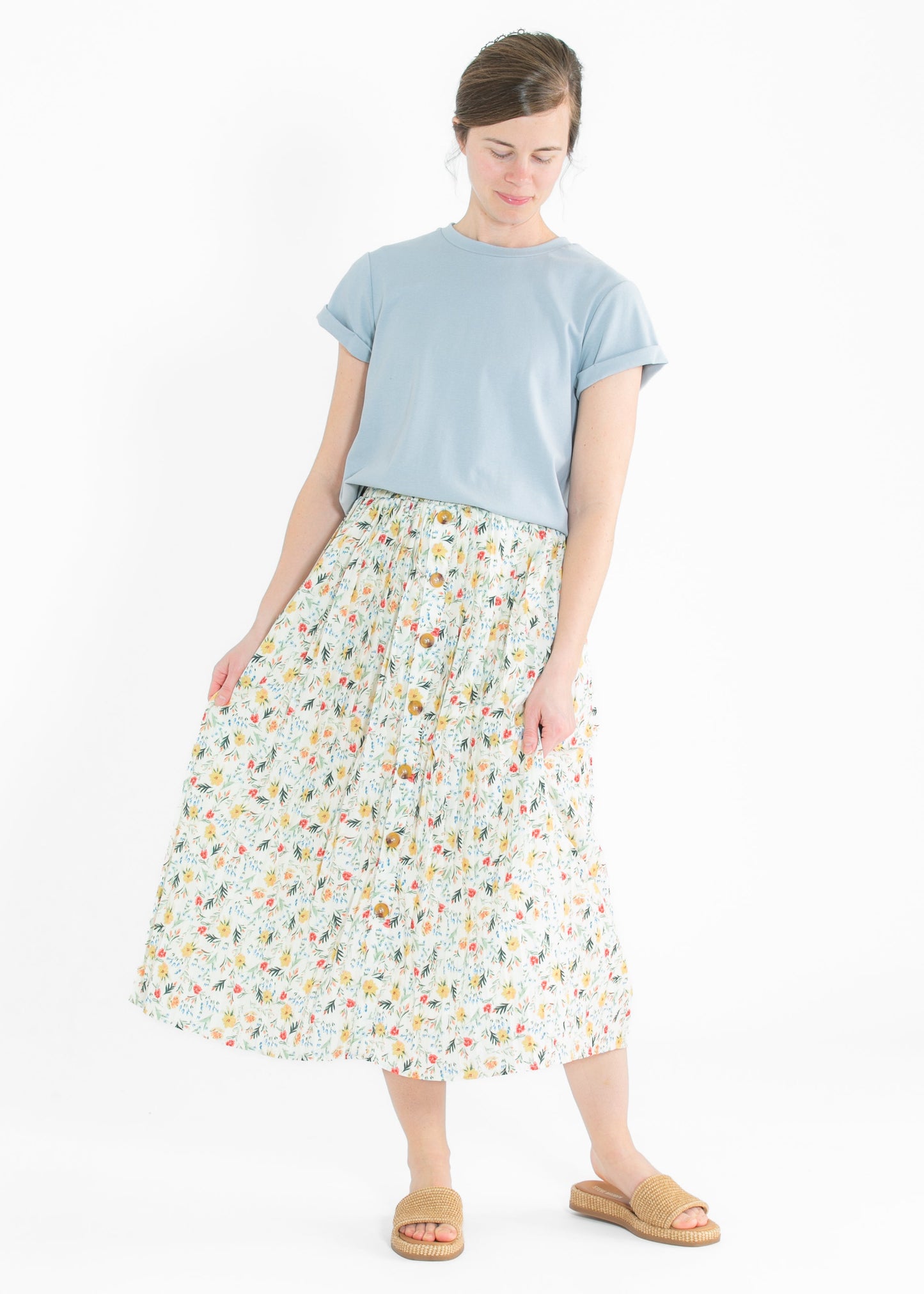 Floral Print Pleated Button Front Midi Skirt FF Skirts