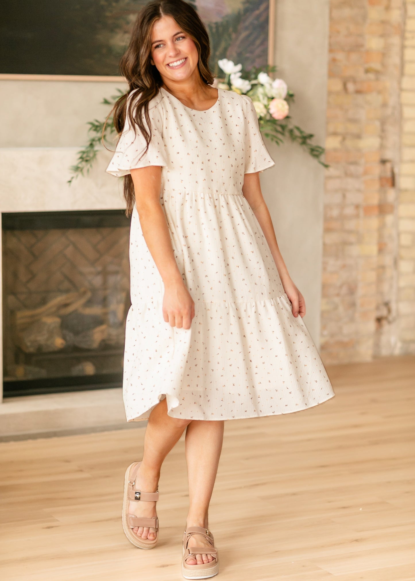 Floral Print Texted Tiered Midi Dress FF Dresses