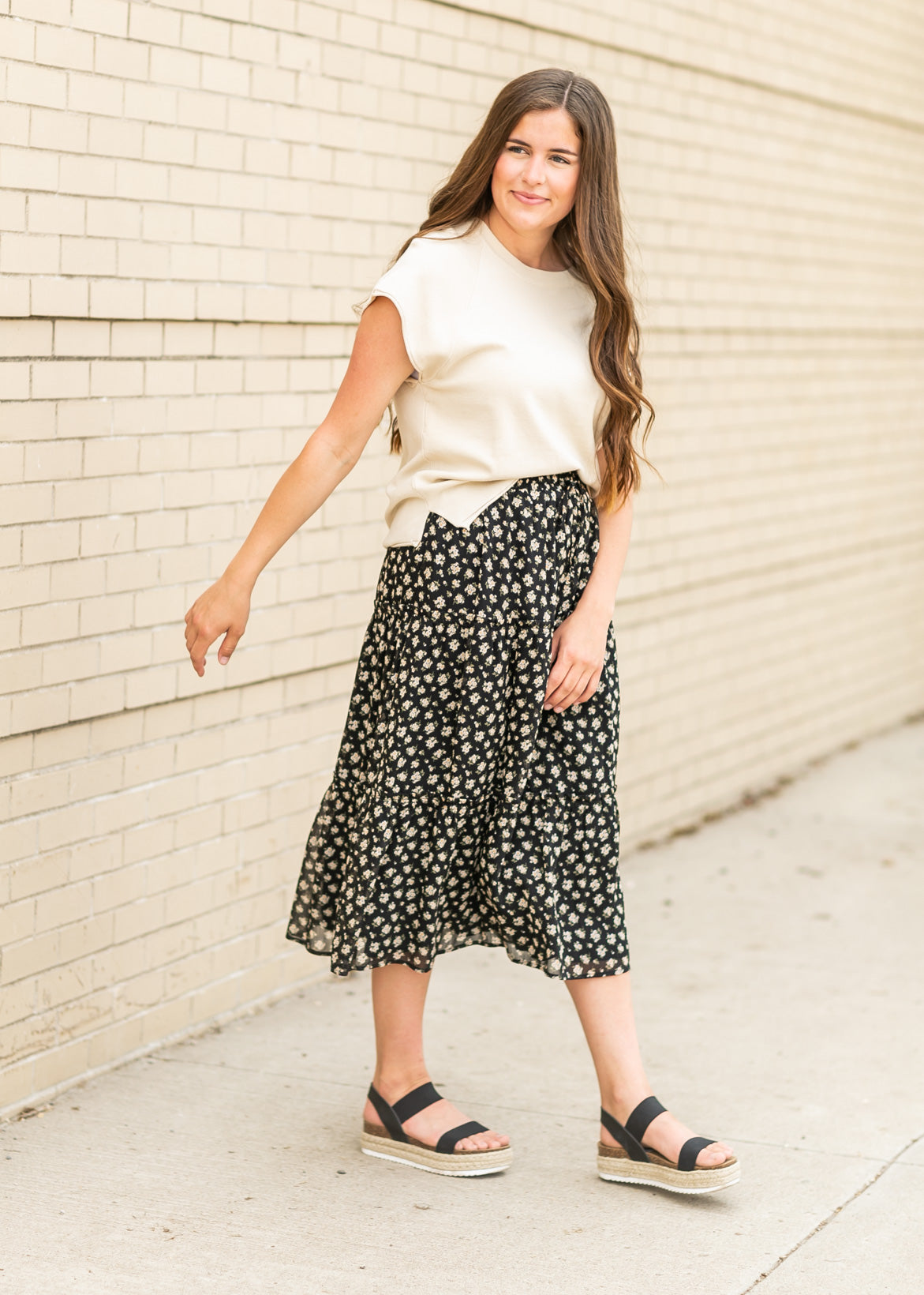 Floral Smocked Waist Midi Skirt Skirts