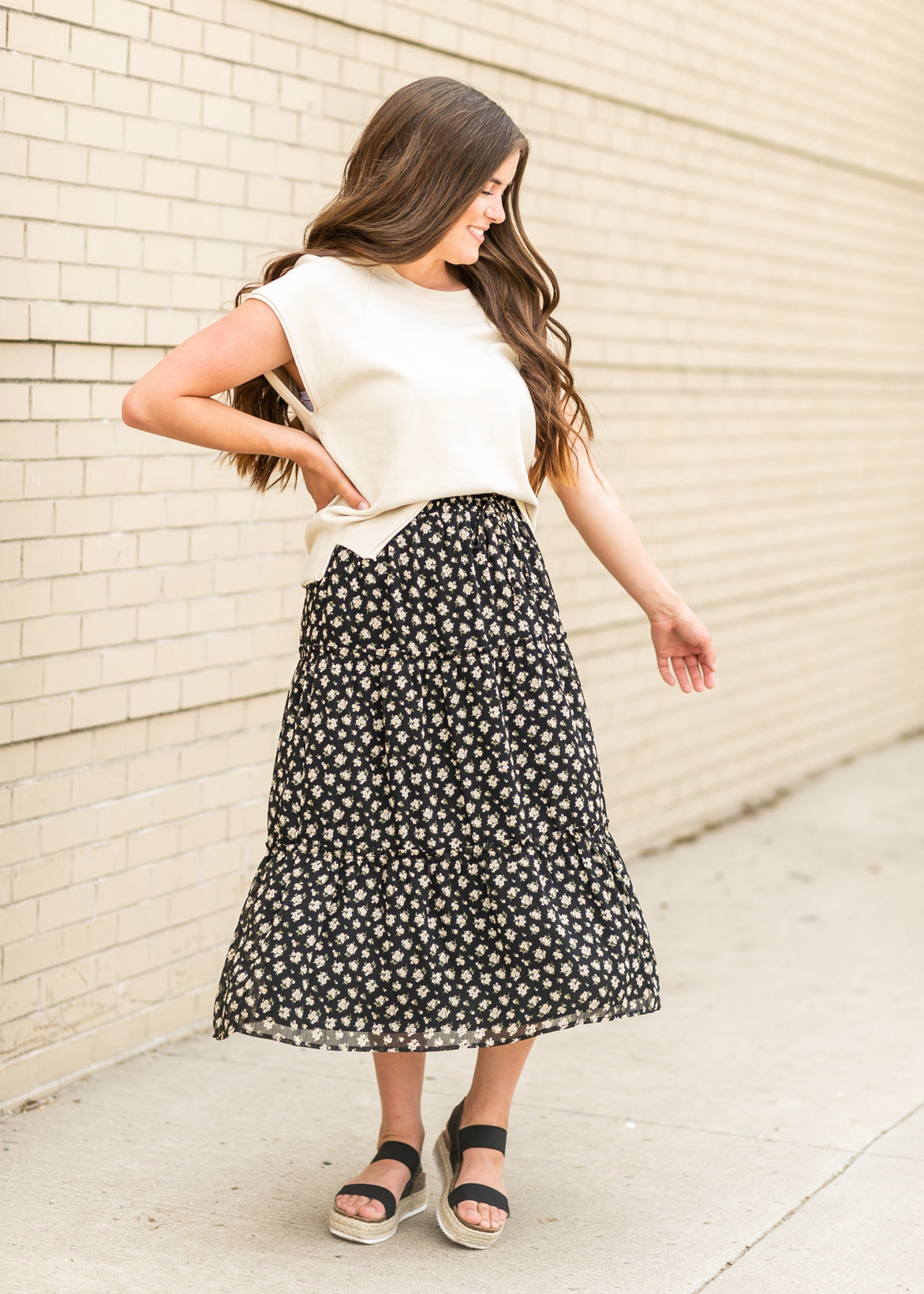 Floral Smocked Waist Midi Skirt Skirts