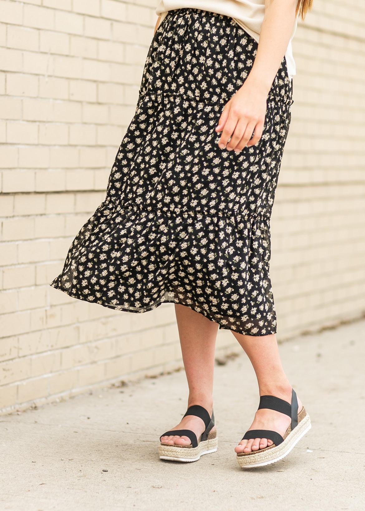 Floral Smocked Waist Midi Skirt Skirts