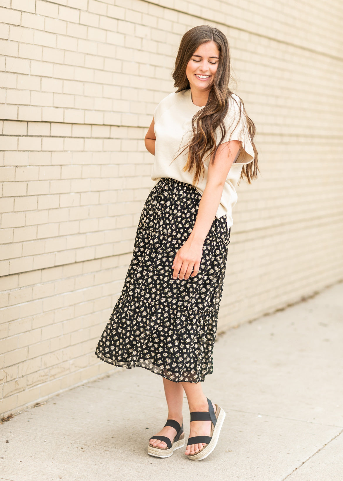 Floral Smocked Waist Midi Skirt Skirts