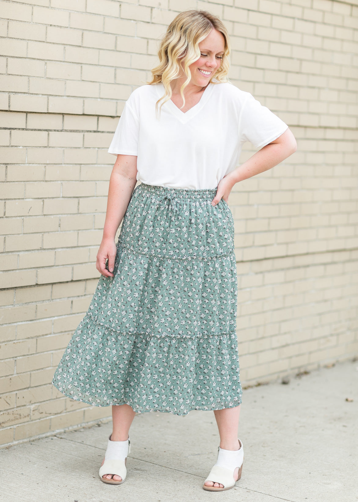 Floral Smocked Waist Midi Skirt Skirts