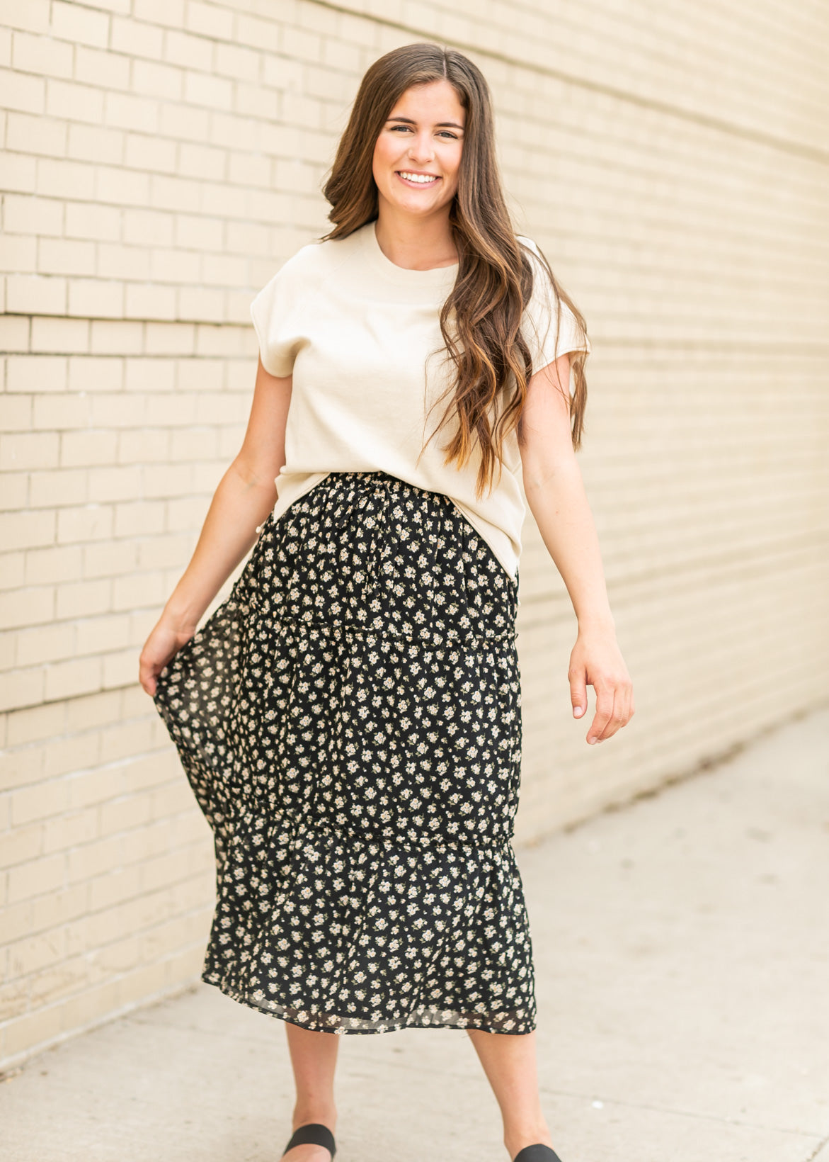 Floral Smocked Waist Midi Skirt Skirts Black / S