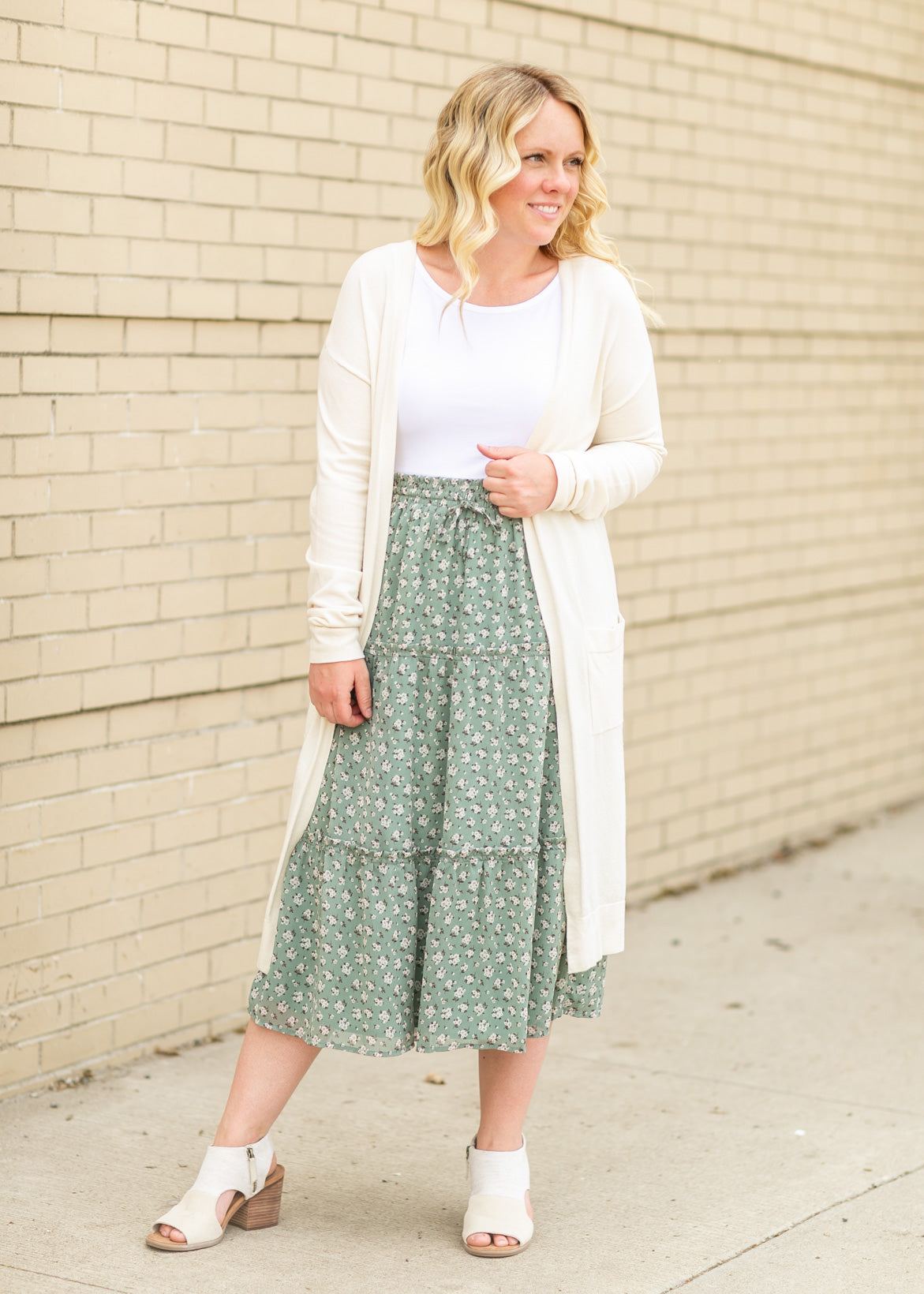 Floral Smocked Waist Midi Skirt Skirts Sage / S