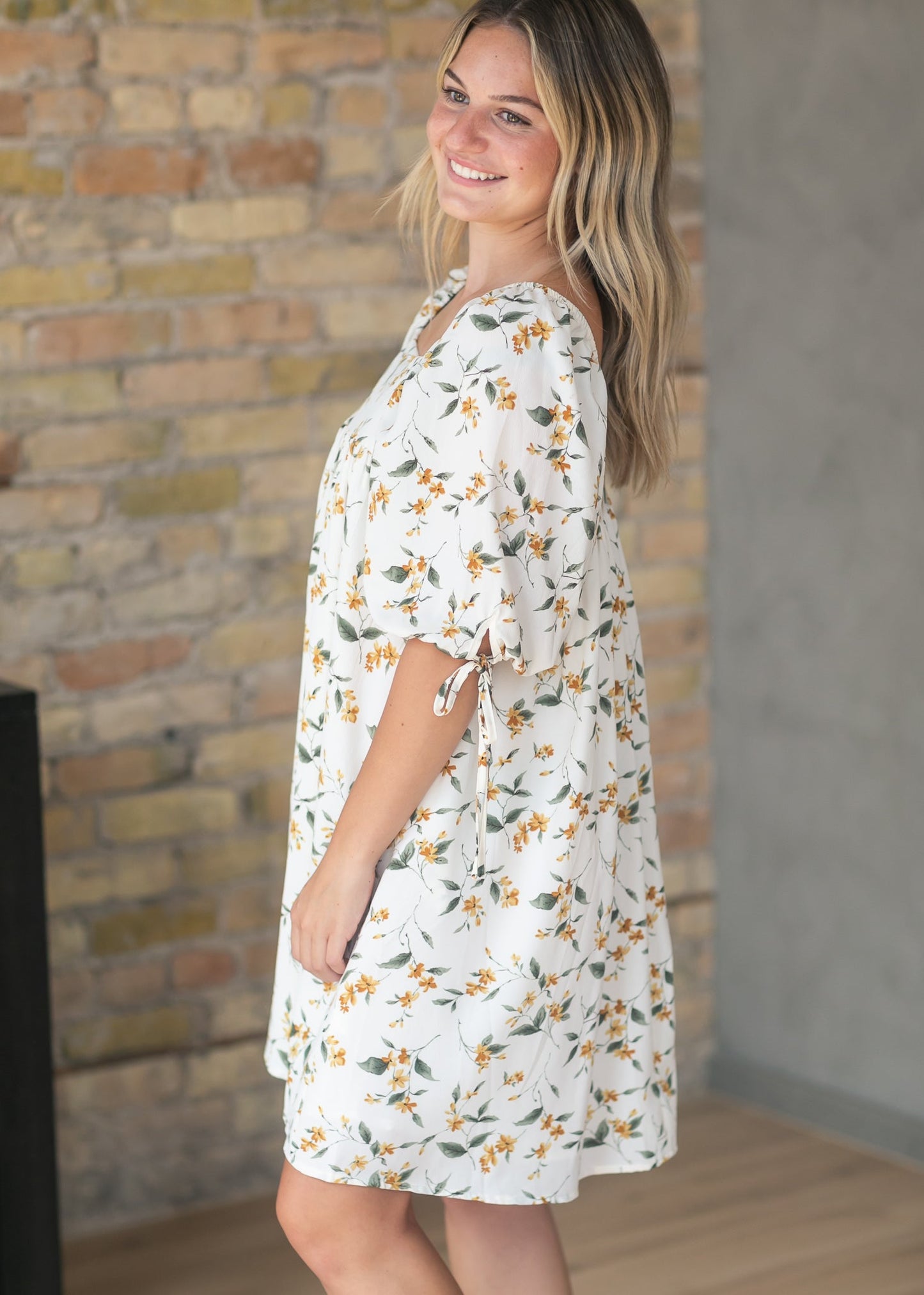 Floral Square Neck Tie Sleeve Dress FF Dresses