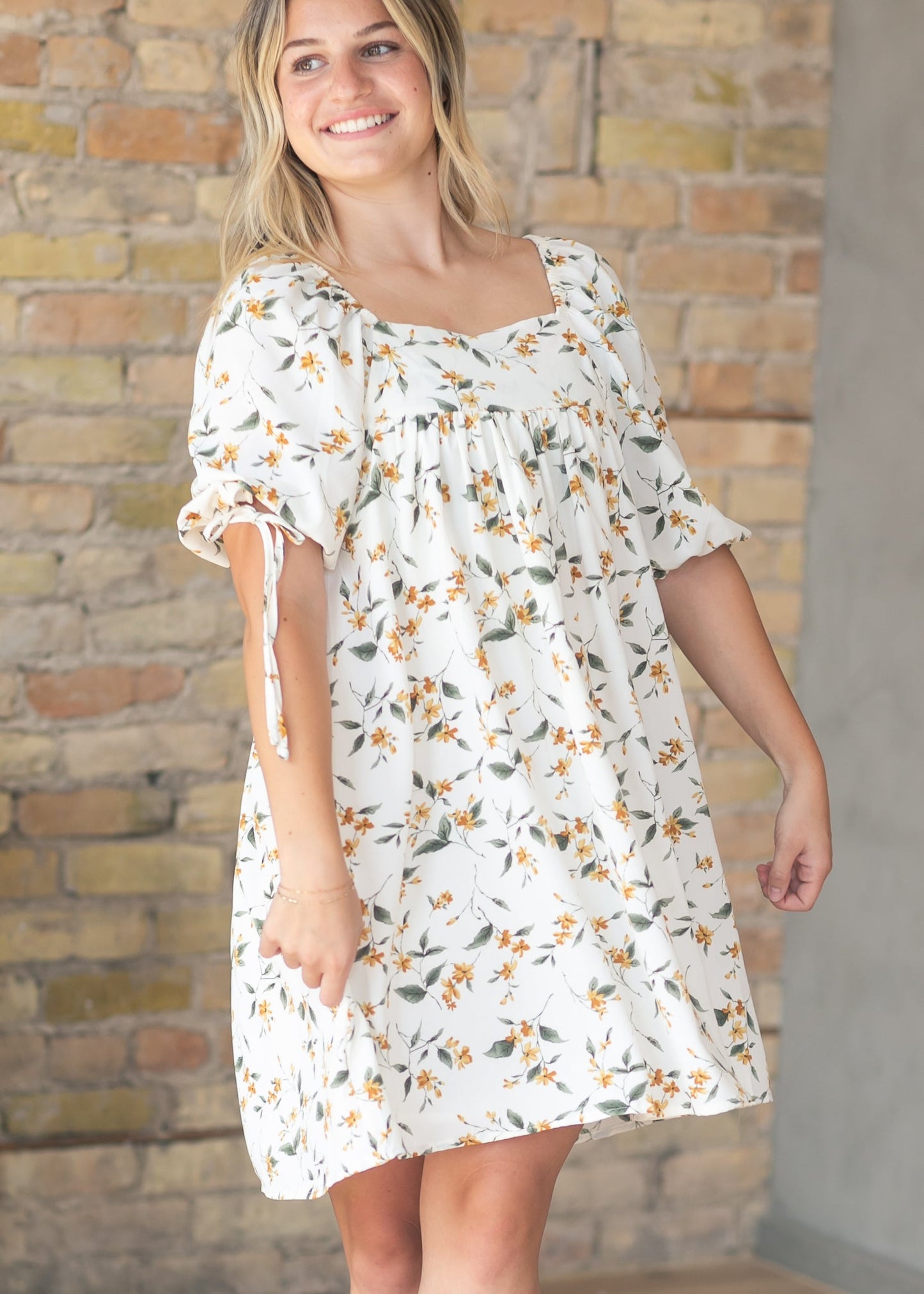 Floral Square Neck Tie Sleeve Dress FF Dresses