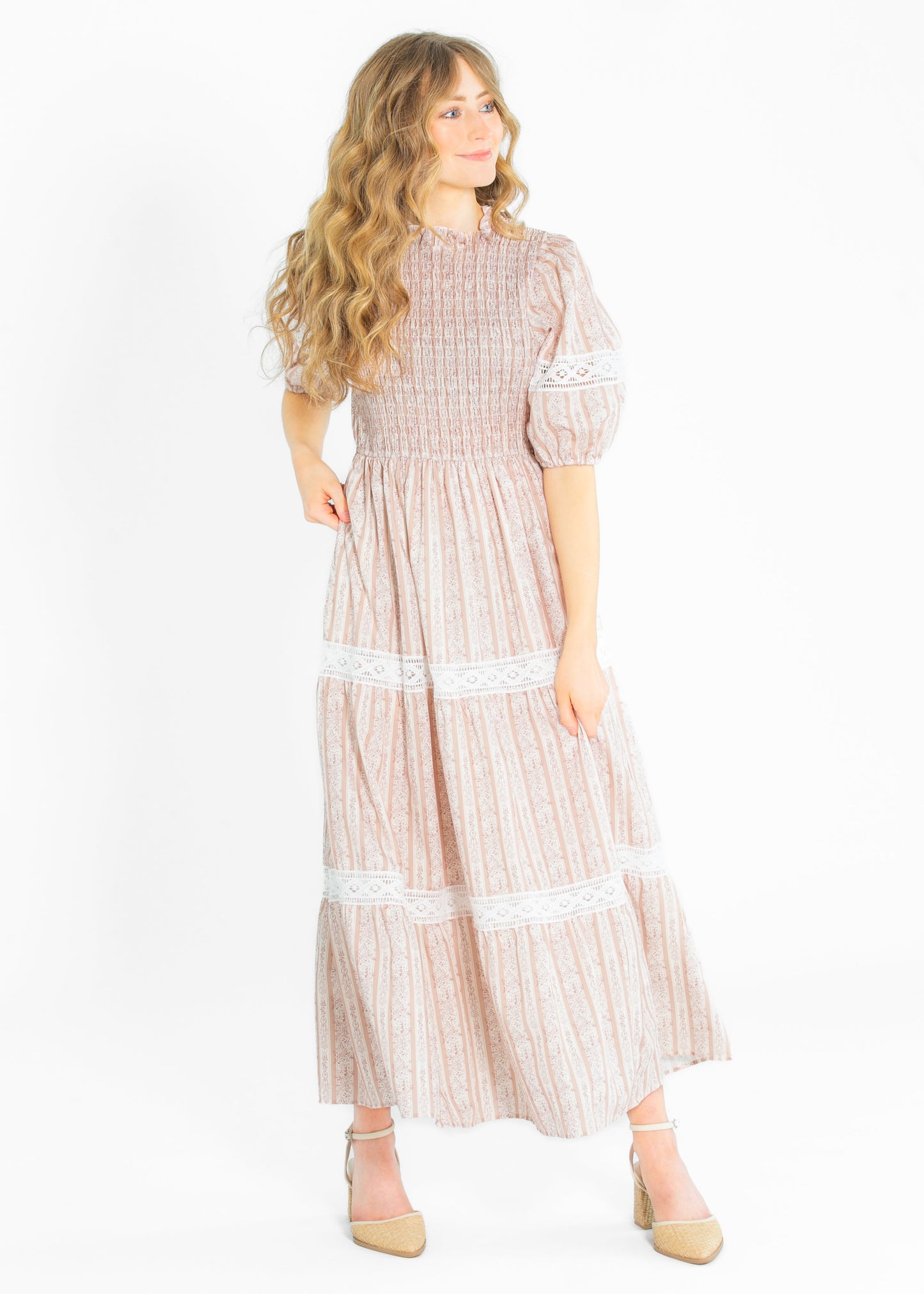 Floral Striped Eyelet Lace Smocked Maxi Dress FF Dresses