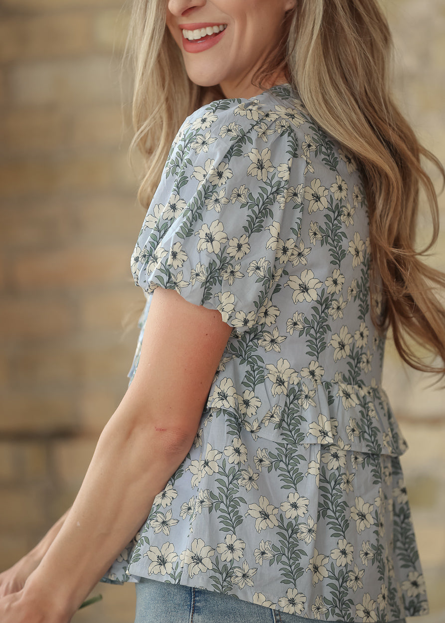Floral V-Neck Puff Sleeve Top FF Tops