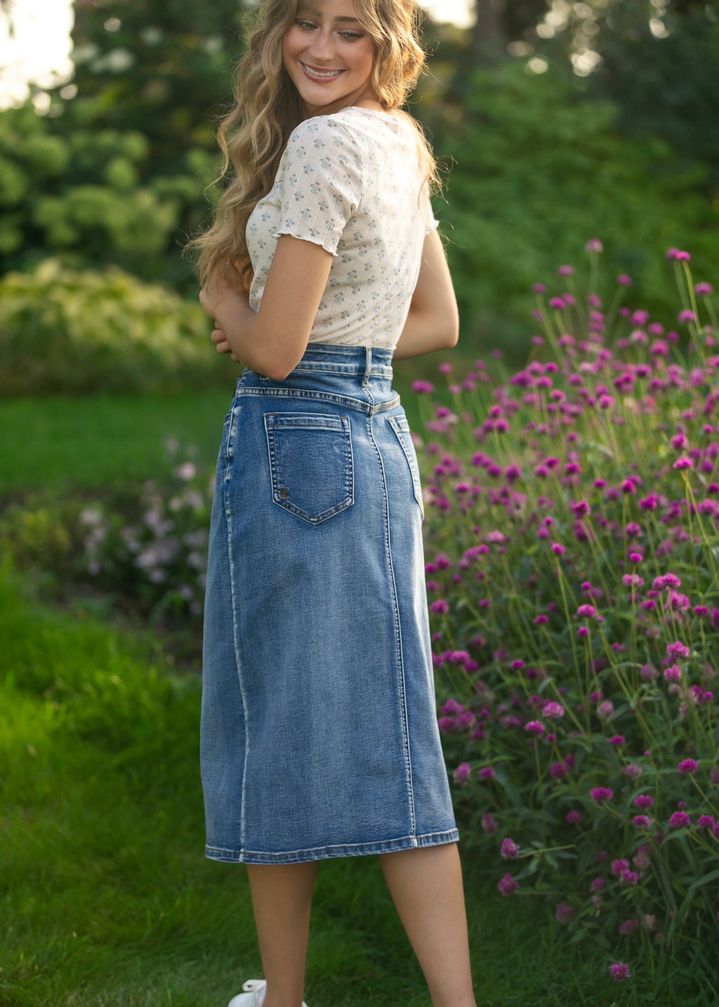 Frankie Light Wash Denim Midi Skirt IC Skirts