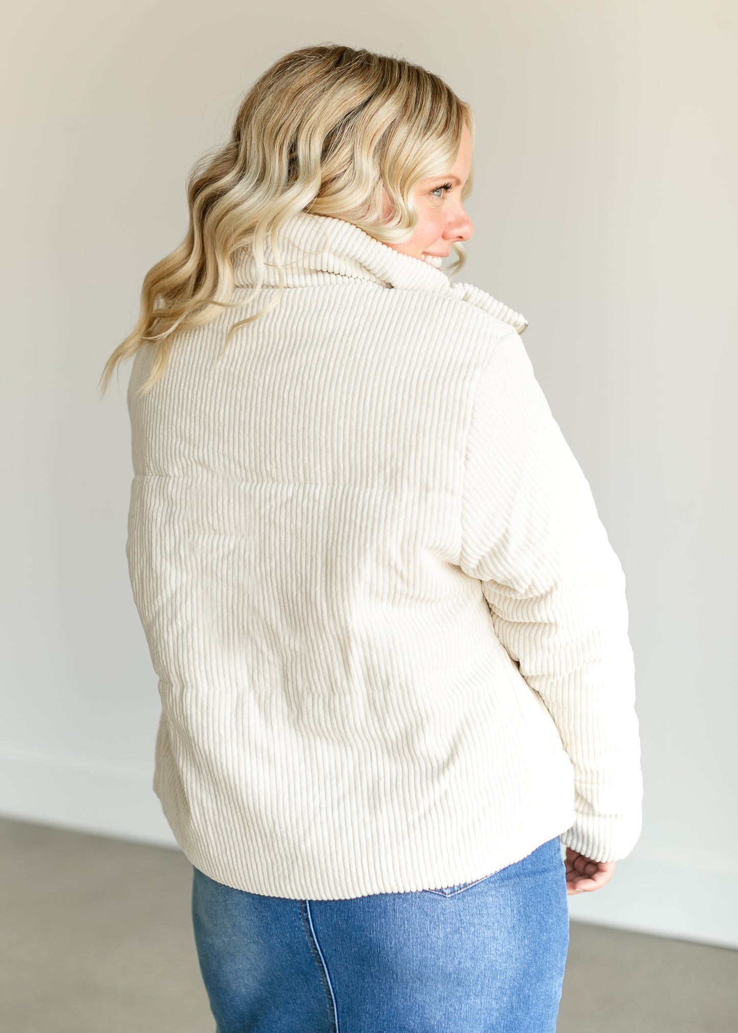 Full Zip Corduroy Puffer Jacket FF Tops