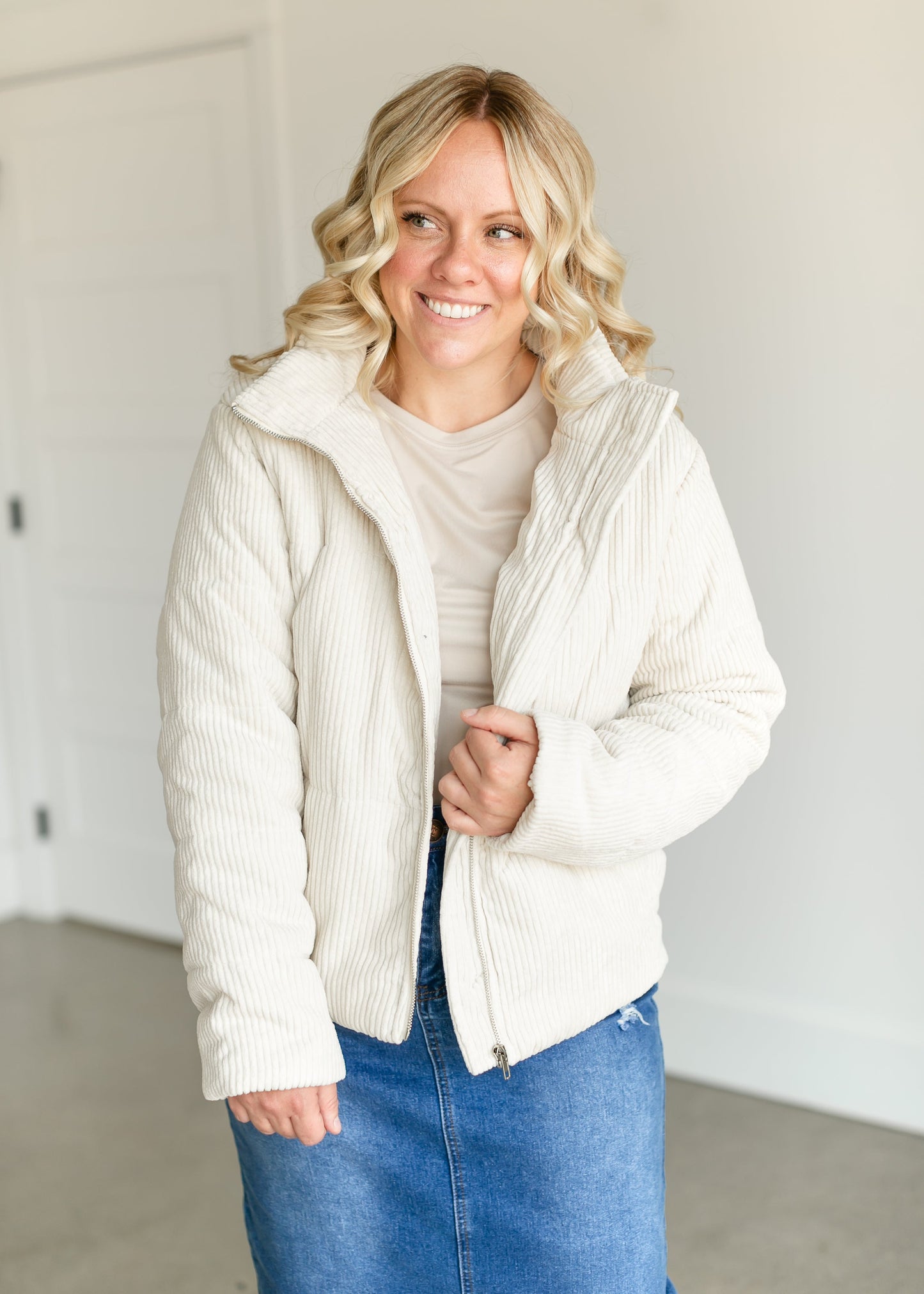 Full Zip Corduroy Puffer Jacket FF Tops
