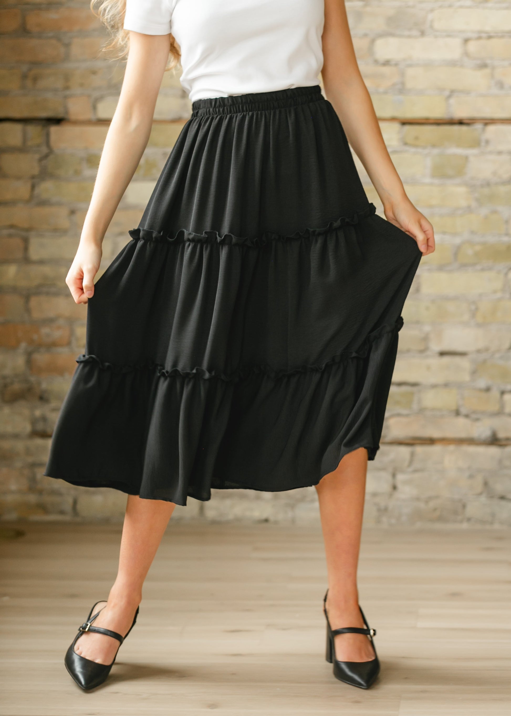 Giana Ruffle Tiered Midi Skirt FF Skirts Black / XS