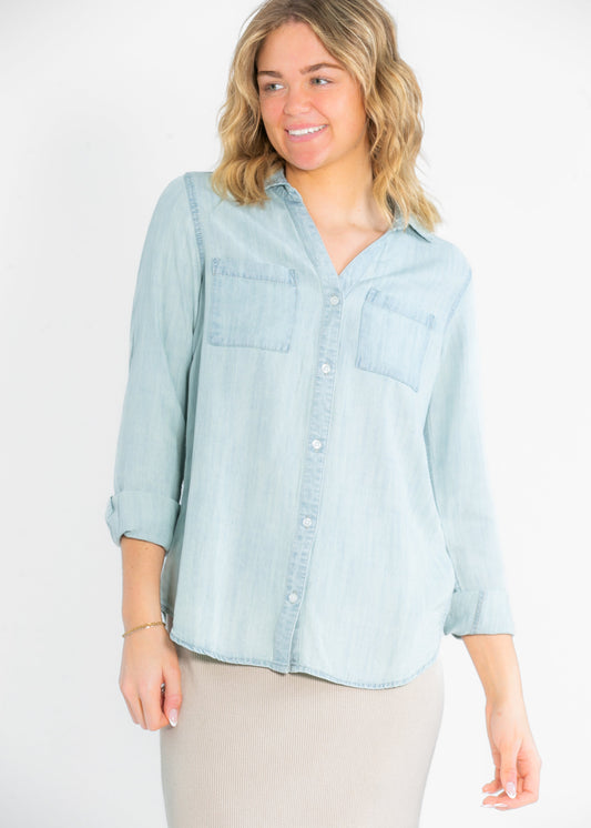 Ginger Chambray Button Up Long Sleeve Top FF Tops