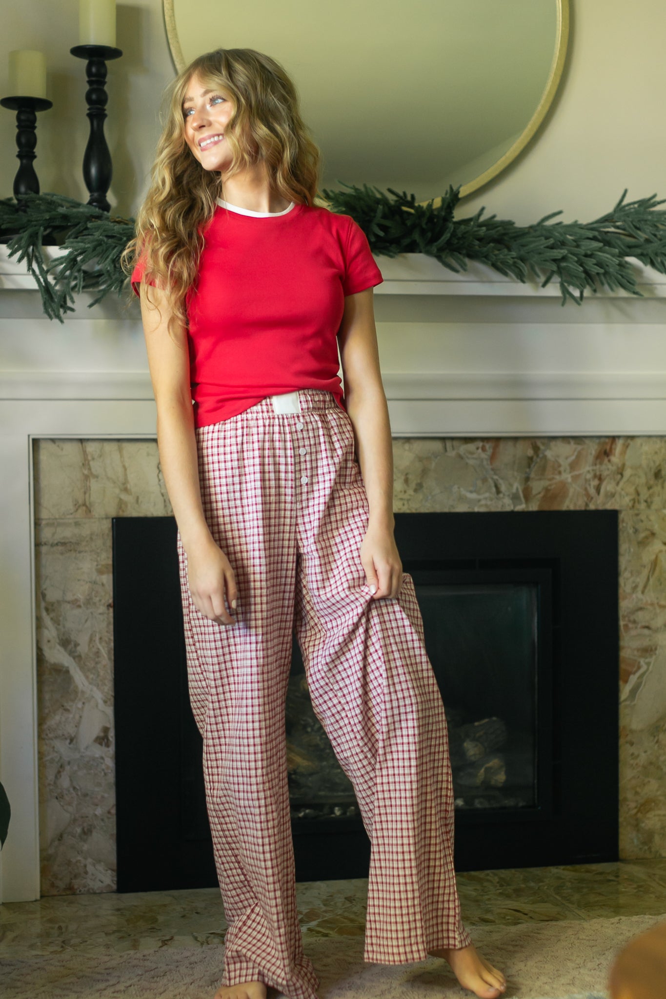 Gingham Elastic Waist Pants FF Pants