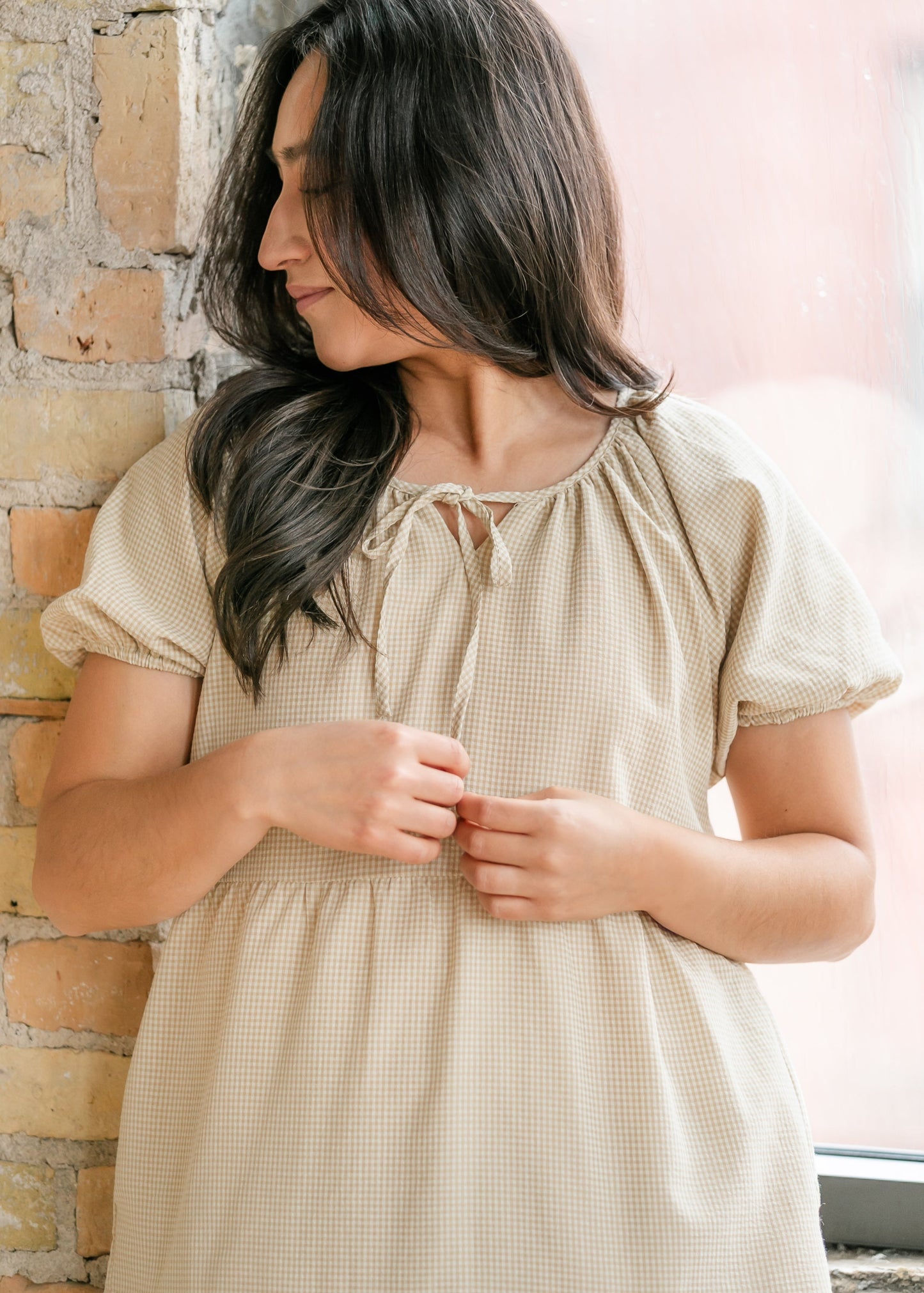 Gingham Short Sleeve Tiered Midi Dress FF Dresses