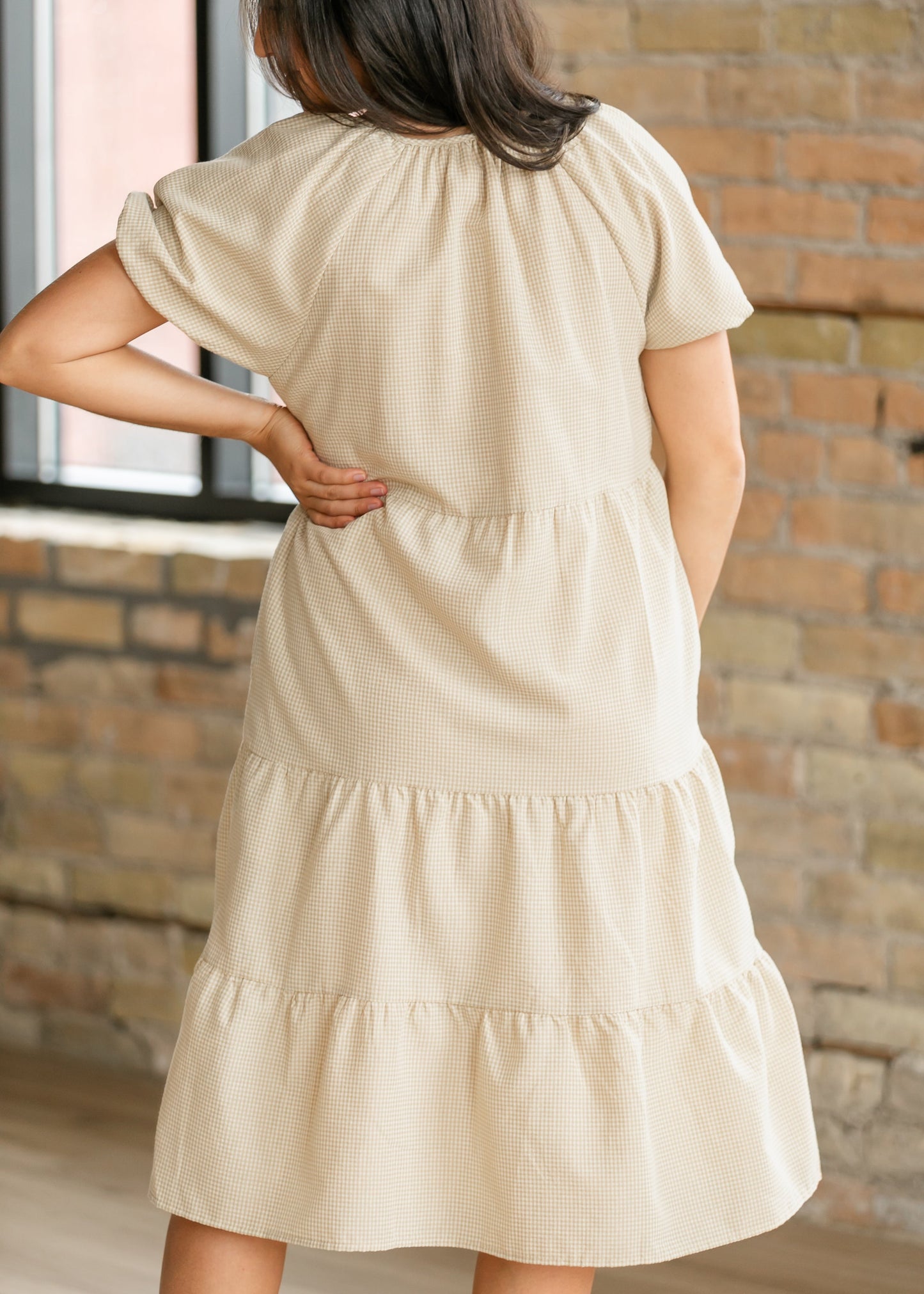Gingham Short Sleeve Tiered Midi Dress FF Dresses