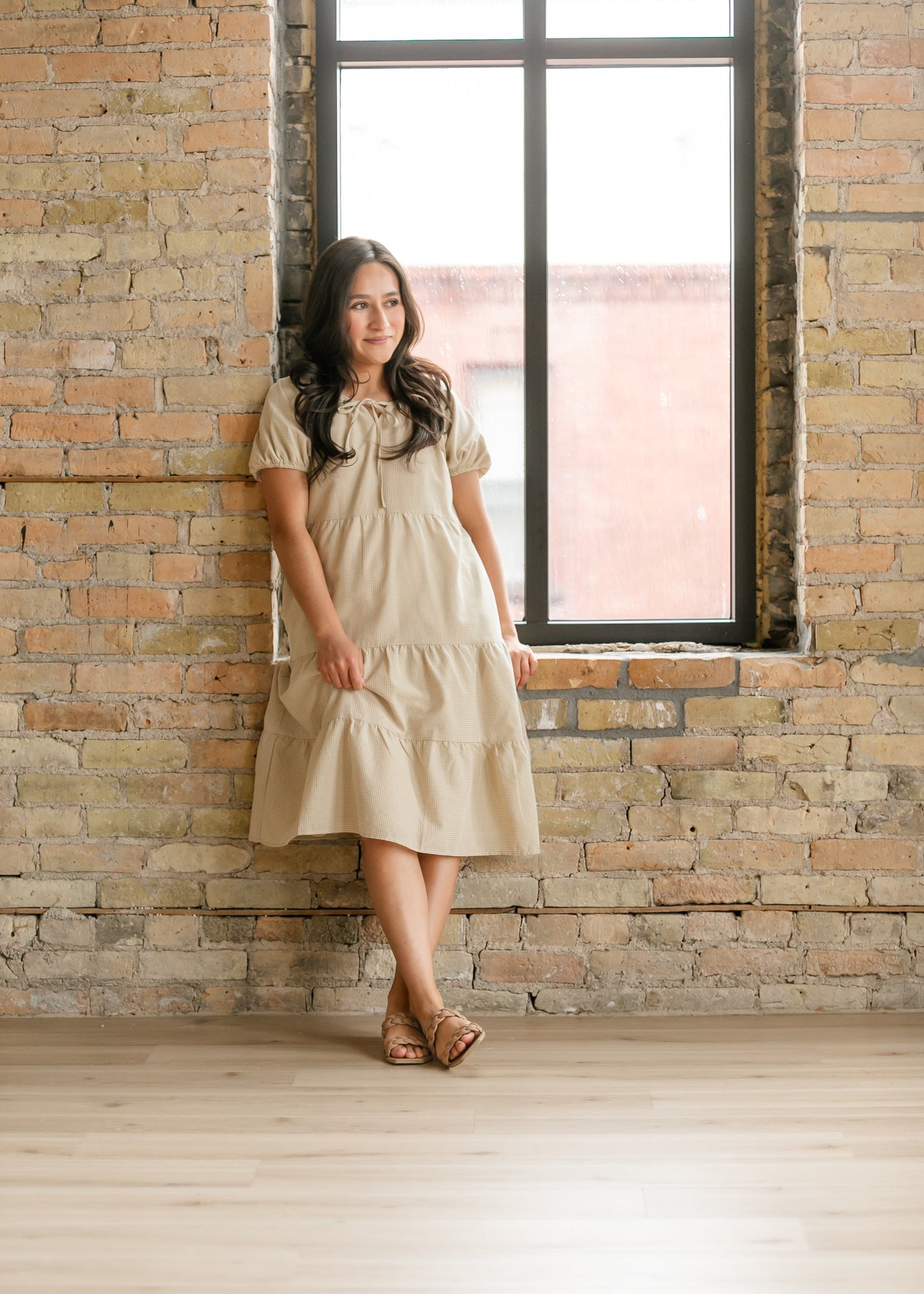 Gingham Short Sleeve Tiered Midi Dress FF Dresses