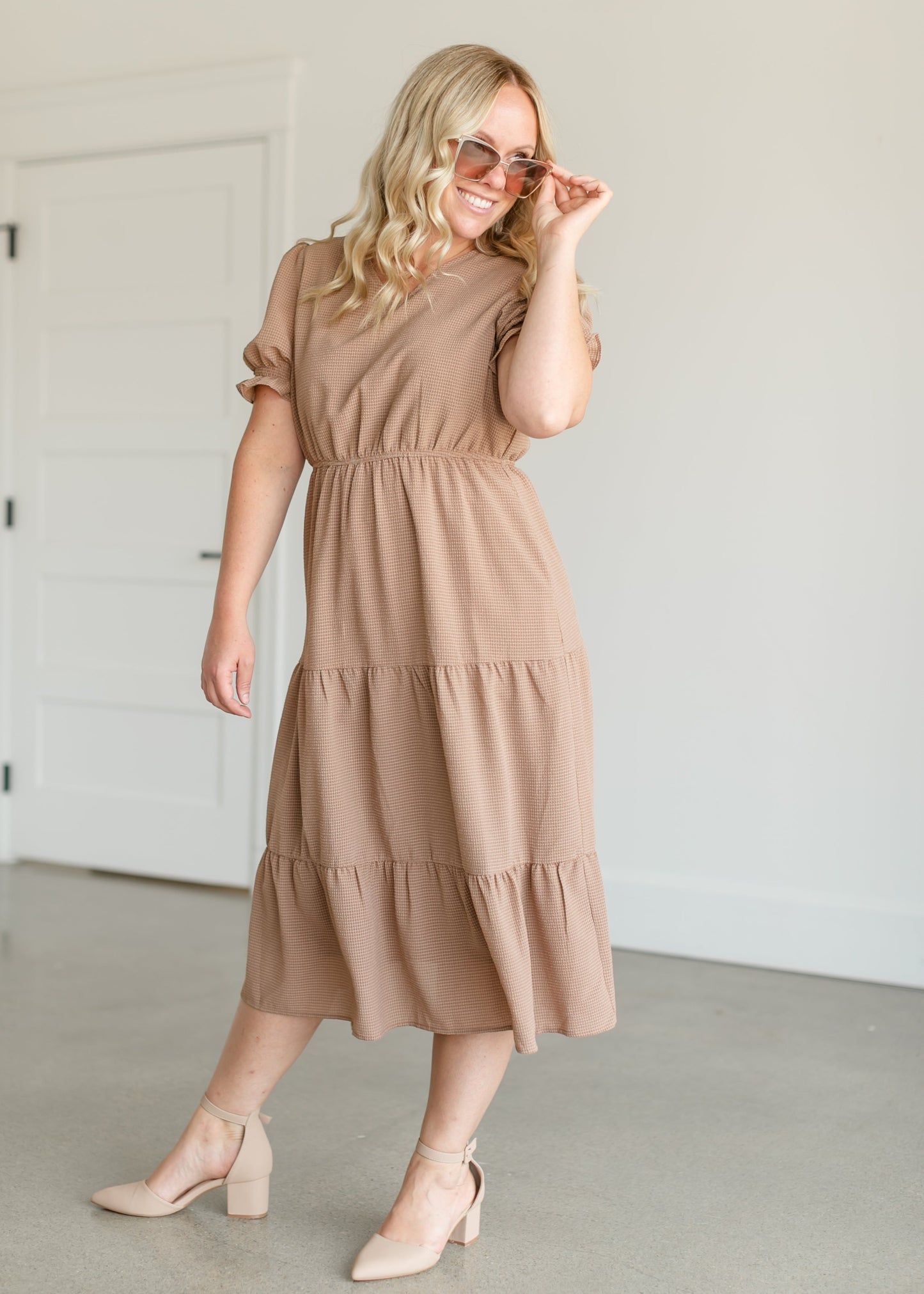 Gingham Tiered V-neck Midi Dress FF Dresses