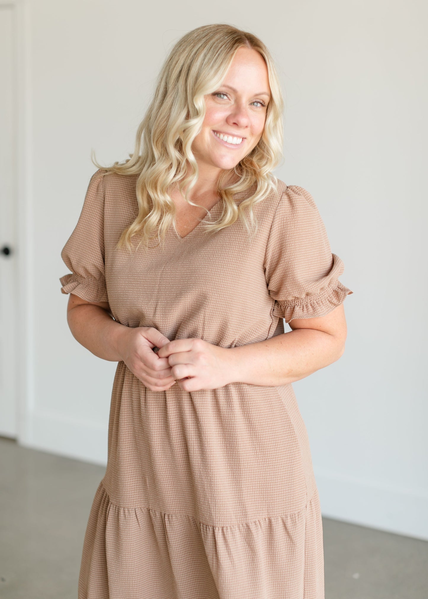 Gingham Tiered V-neck Midi Dress FF Dresses