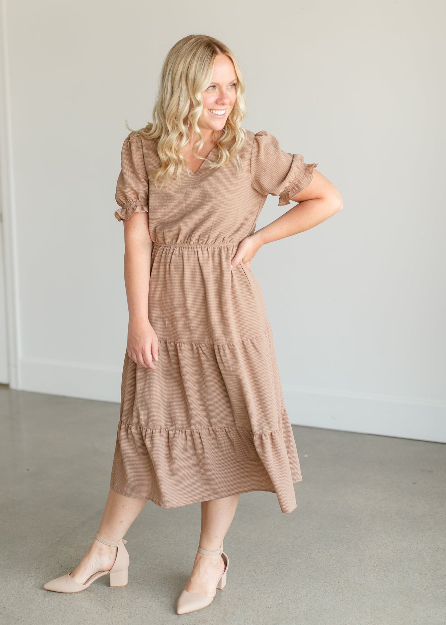 Gingham Tiered V-neck Midi Dress FF Dresses