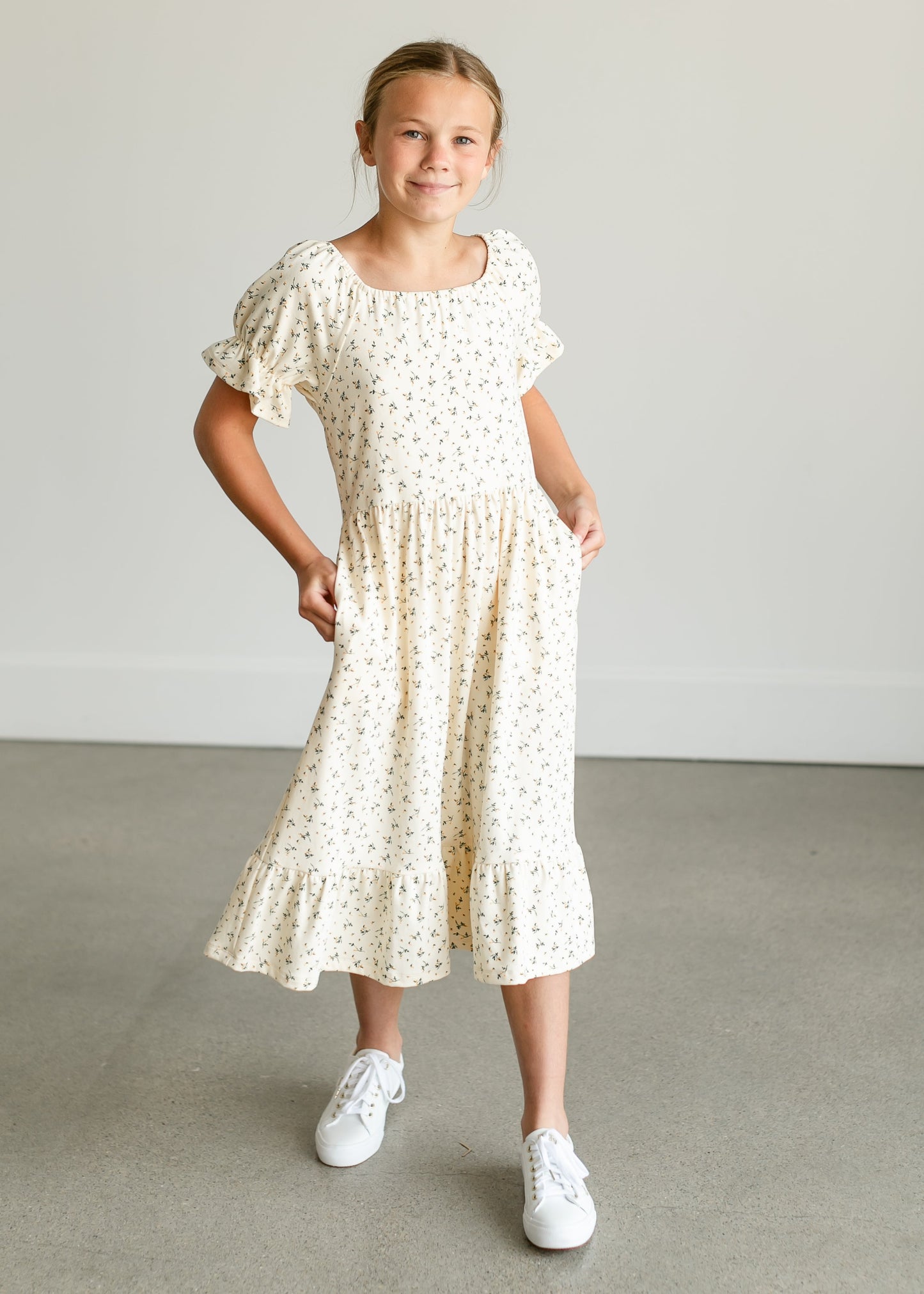 Girl's Aubriel Floral Puff Sleeve Midi Dress IC Girls
