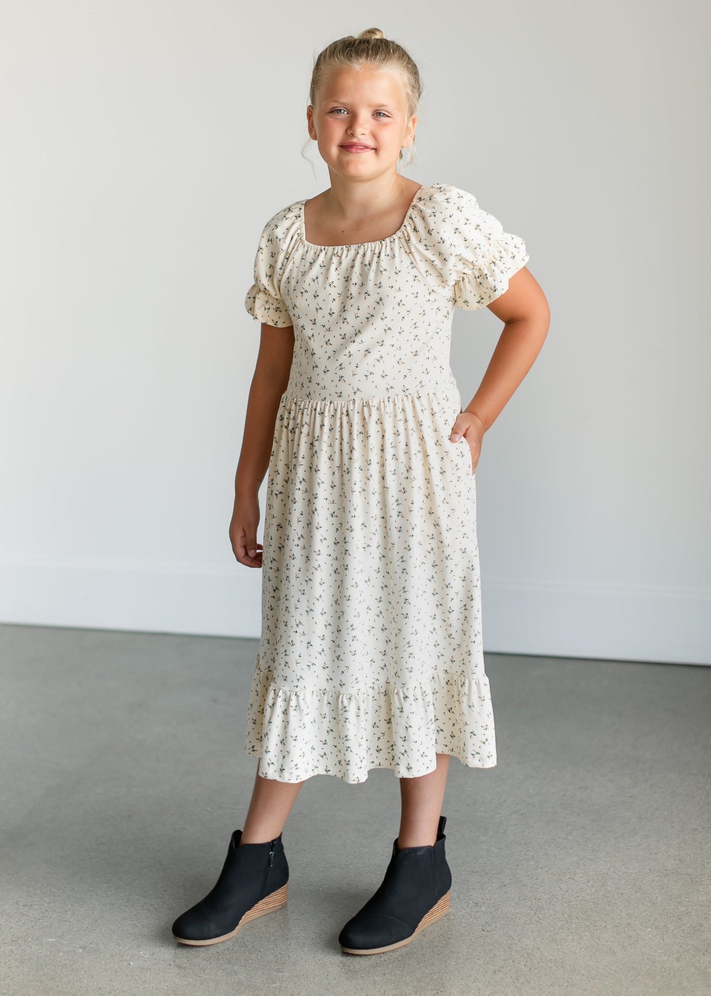 Girl's Aubriel Floral Puff Sleeve Midi Dress IC Girls