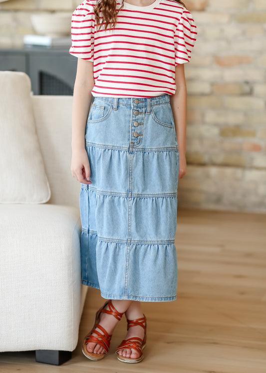 Girl's Button Fly Tiered Denim Skirt FF Girls