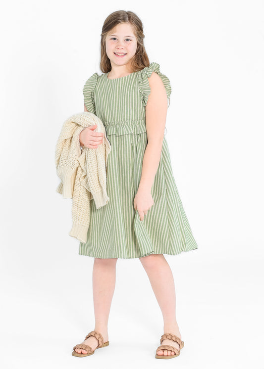 Girl's Linen Feel Striped Ruffled Dress FF Dresses
